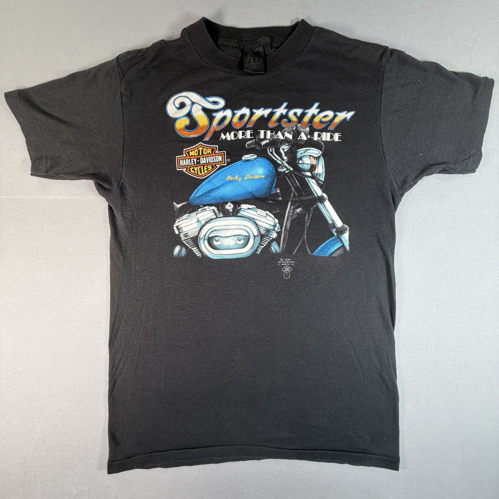 VTG 1986 3D Emblem Harley Davidson Sportster Shirt Mens S Black Biker Tee