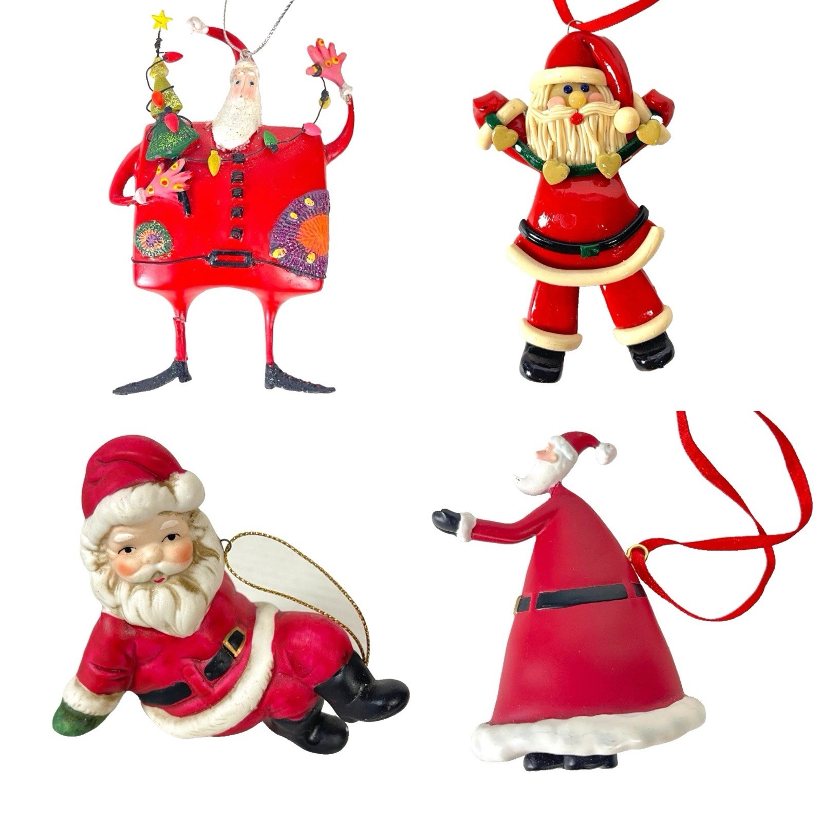 Santa Claus 4 Vtg Unique Christmas Ornament Bundle Taiwan ROC Porcelain Resin