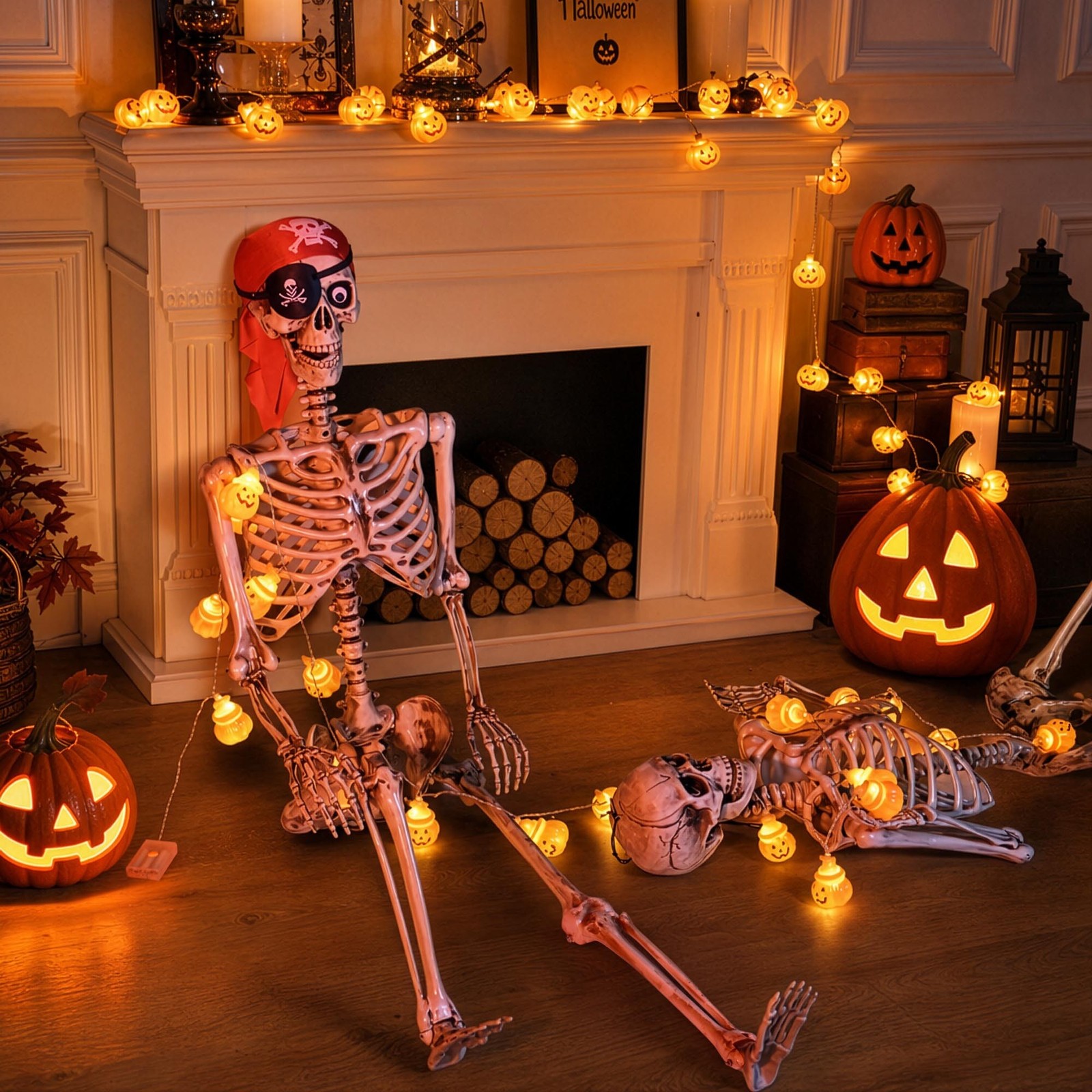 Yescom 2Pcs Pirate Life Size Skeleton Poseable 5.6Ft & Halloween Light Closeout