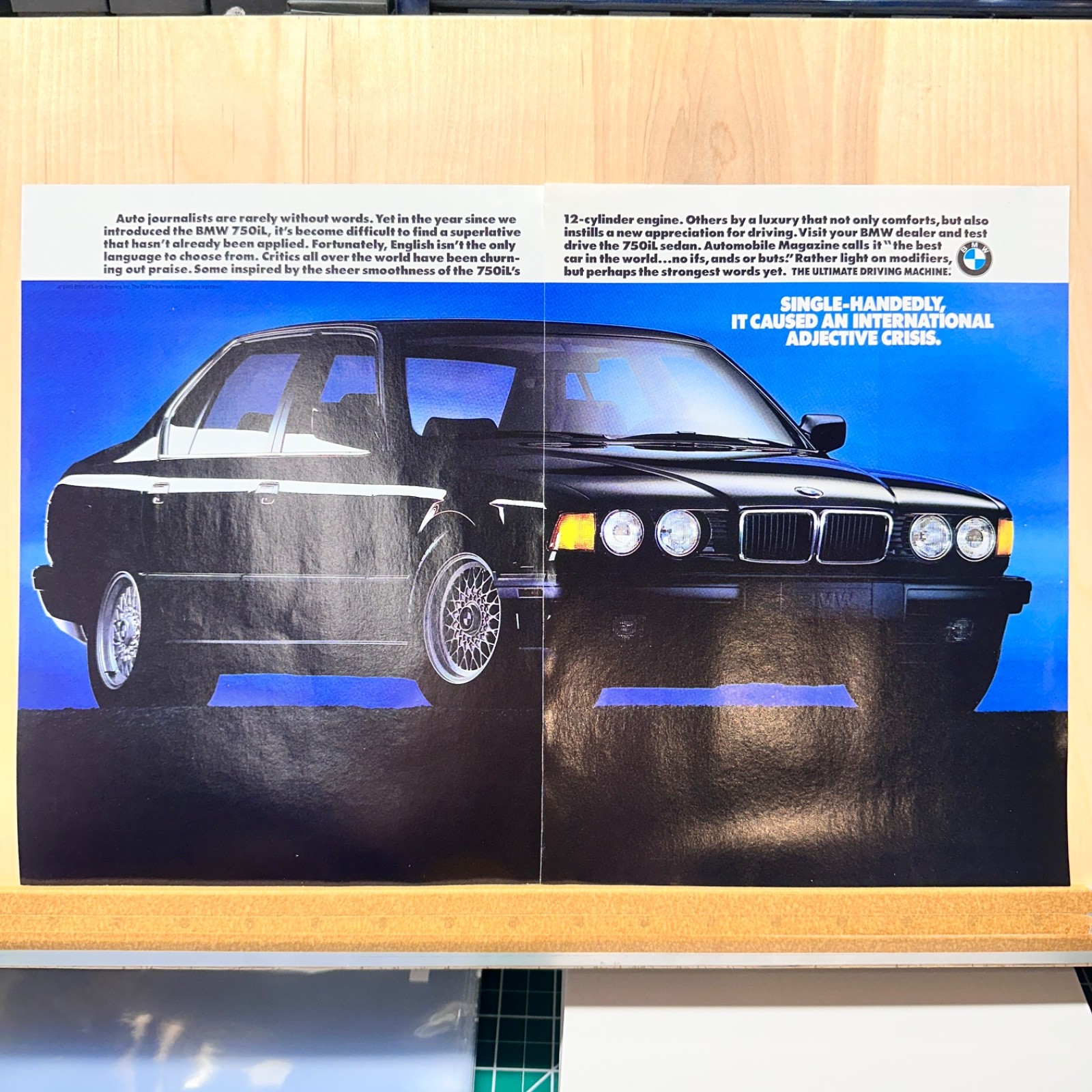1989 BMW 750iL Black Sedan 2 Page Vintage Print Ad Car Auto Advert Art