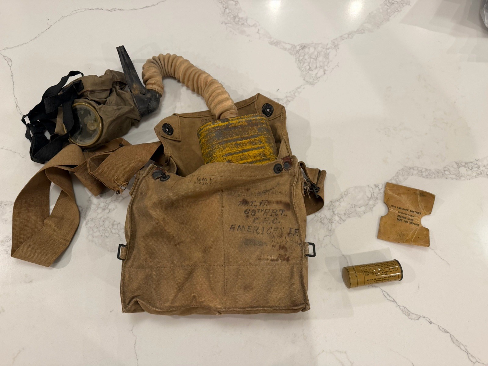 Original WW1 US Army Military AEF Small Box Respirator Gas Mask w/Bag Field Gear