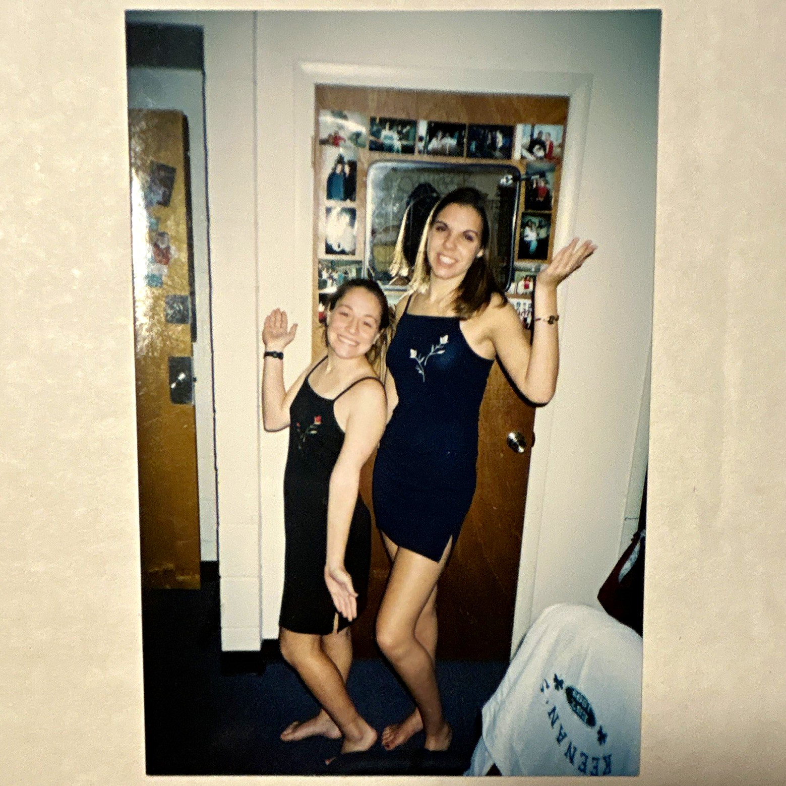 Original Color Snapshot of Two Pretty Young Women Posing Dresses Barefoot