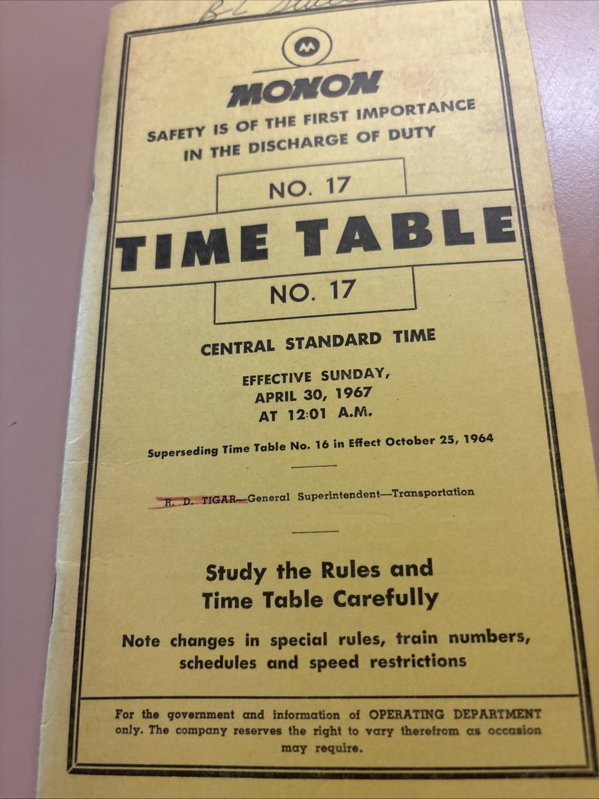 Monon Railroad Timetable Number 17