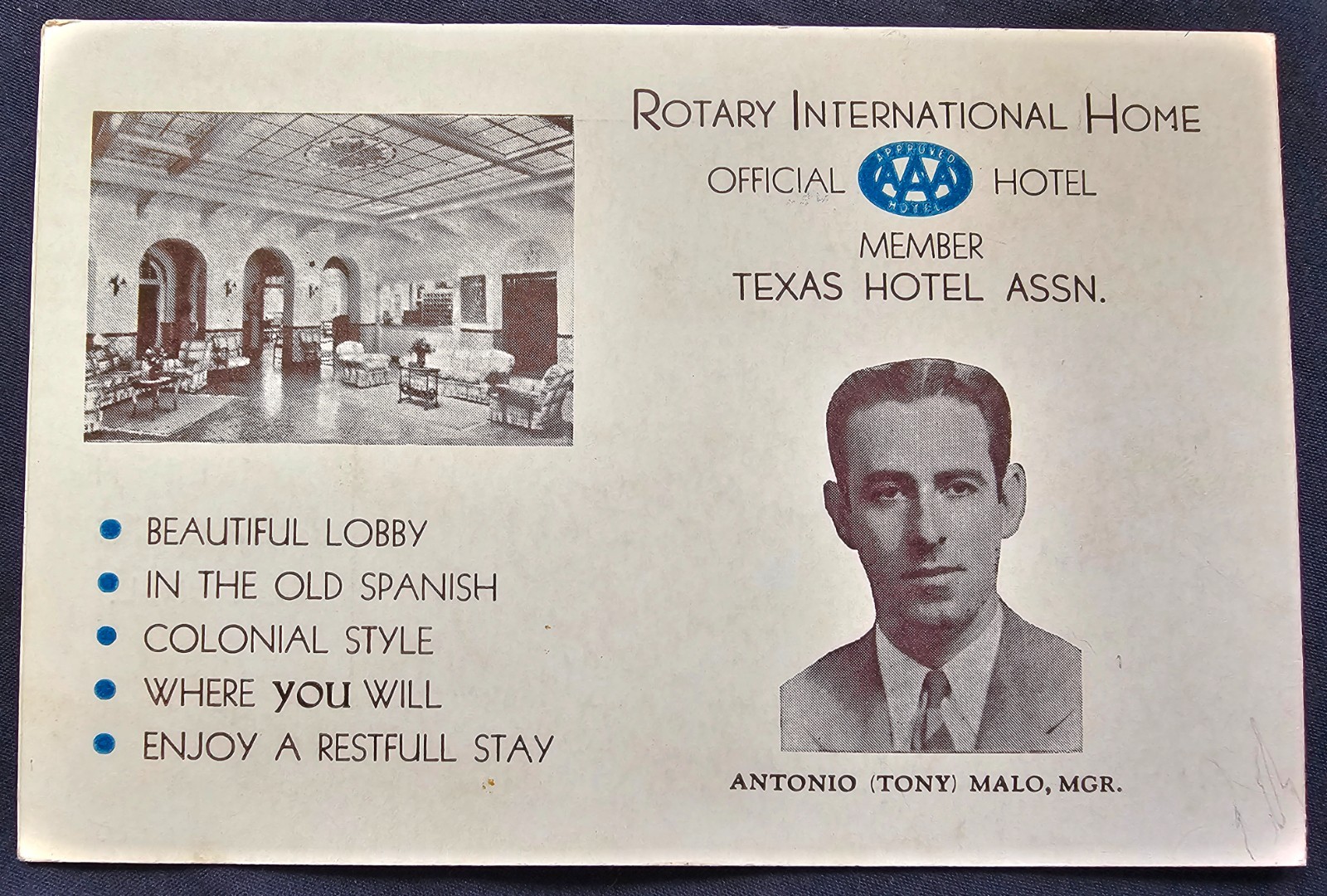 Vintage Hotel Colonial Monterrey Mexico Promo Card AAA Texas Rotary Tony Malo