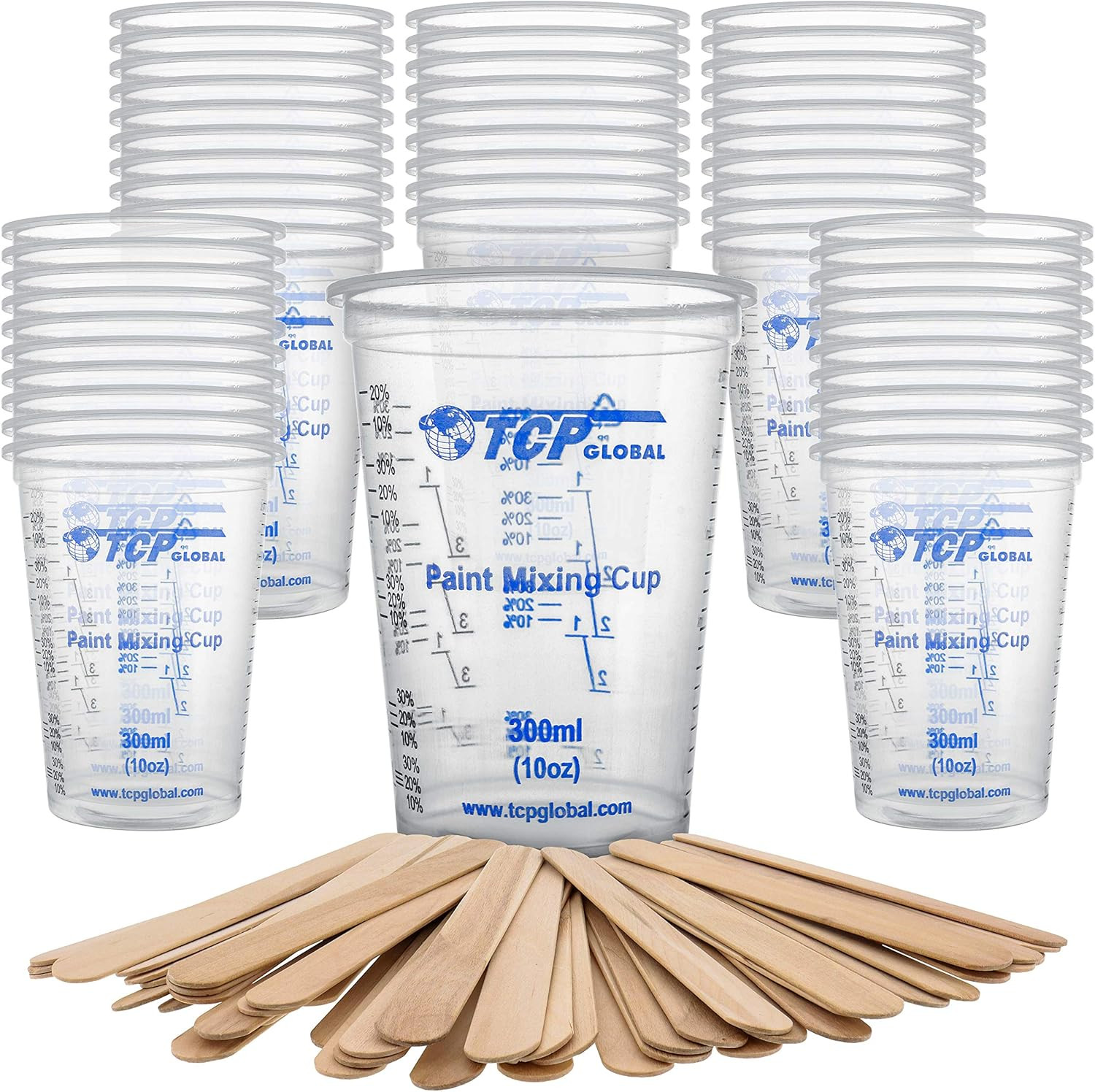 10 Oz. (300Ml) Graduated Plastic Mixing Cups - Box of 50 | plus 50 Mixing Sticks 10 Oz. (300Ml) Graduated Plastic Mixing Cups - Box of 50 | plus 50 Mixing Sticks