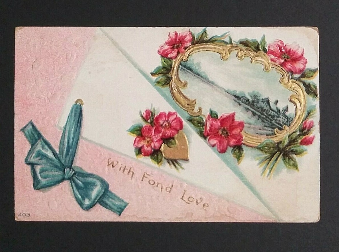 Valentines Day With Fond Love Lake House Scene Antique Embossed Postcard 1910 (a