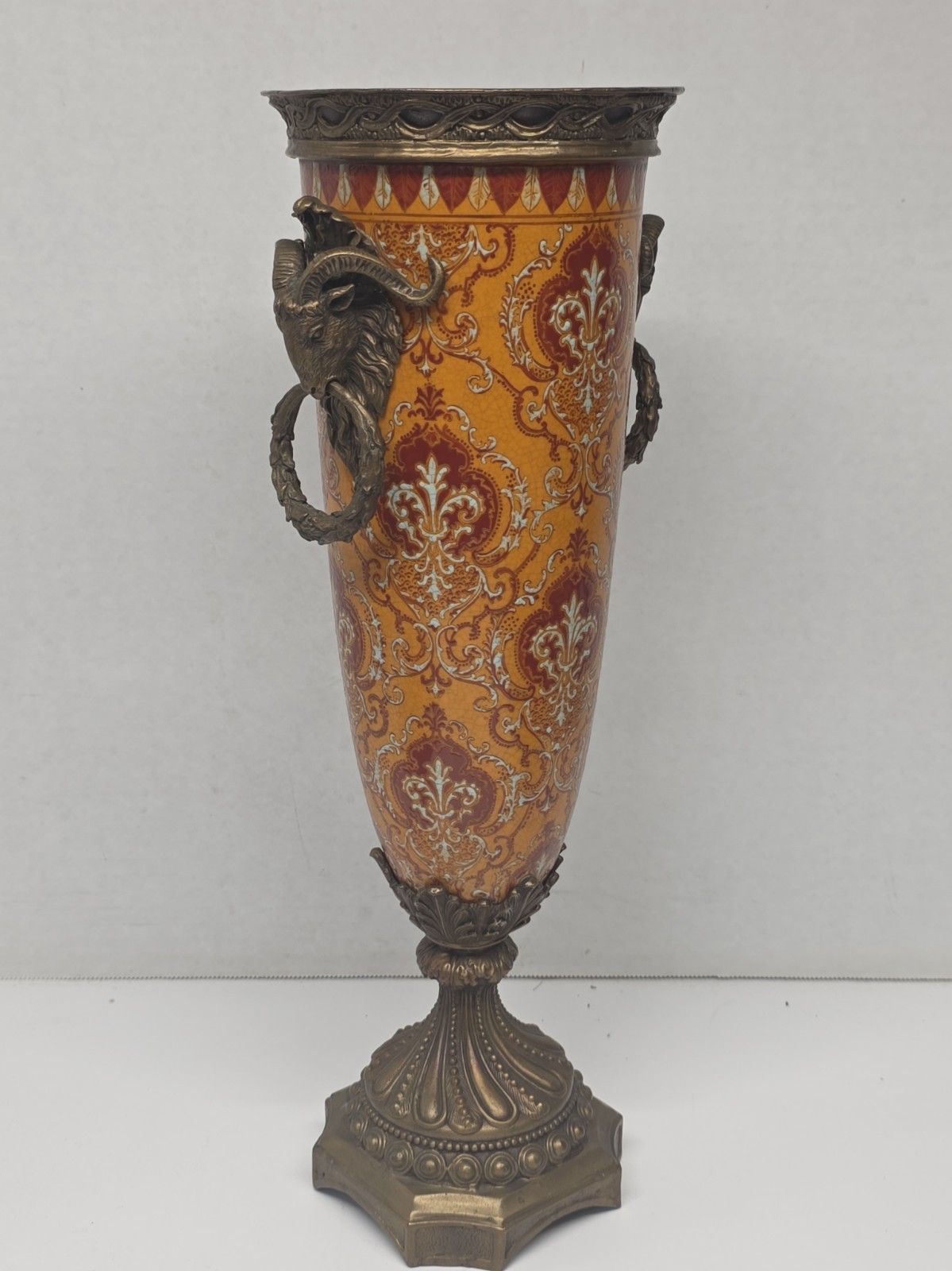 Rare Goat Head 16” Wong Lee Bronze Mounted Red & Orange  Damask Porcelain Vase