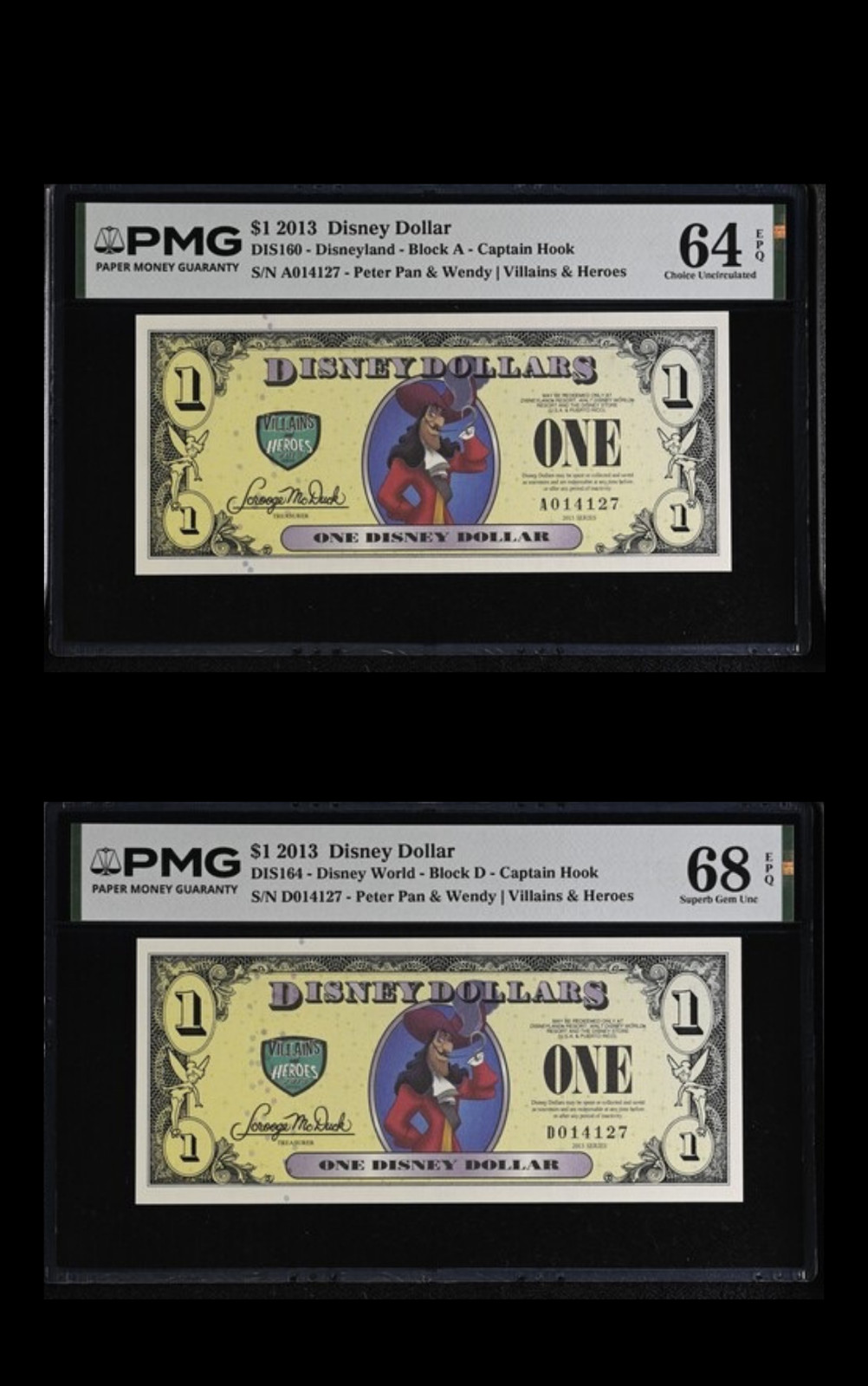 Disneyland + Disney World Captain Hook Matching #14127 PMG 68 EPQ Disney Dollars