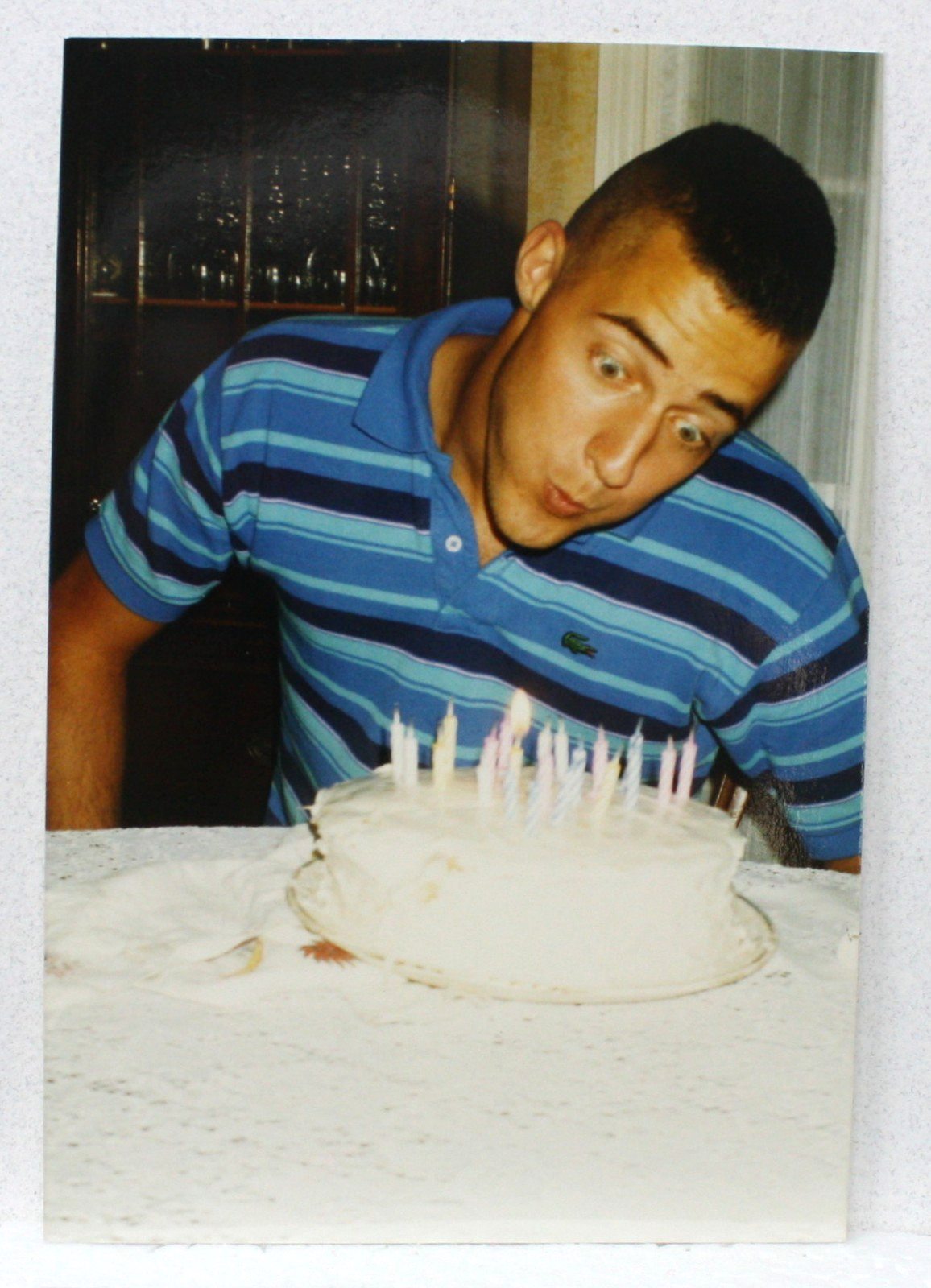 Vtg Color Snapshot Photo Young Cute Guy Blowing Birthday Cake Candles Polo Shirt