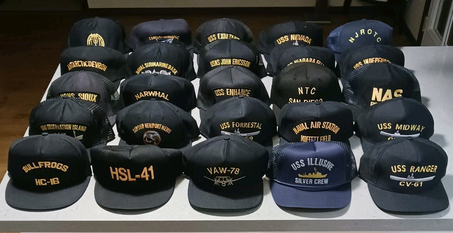 Vintage US Navy 80s 90s Snapback Hat Lot x25 Carriers Ships Planes Stations Heli
