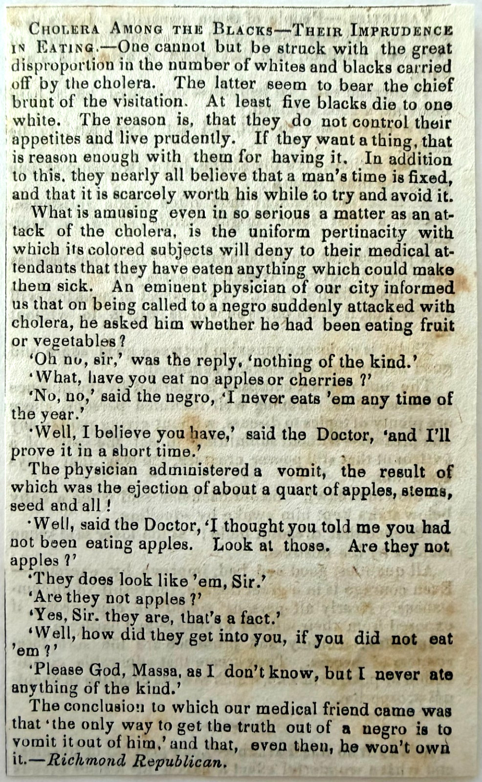 1849 Cholera Epidemic African American Medical Historical Article Richmond