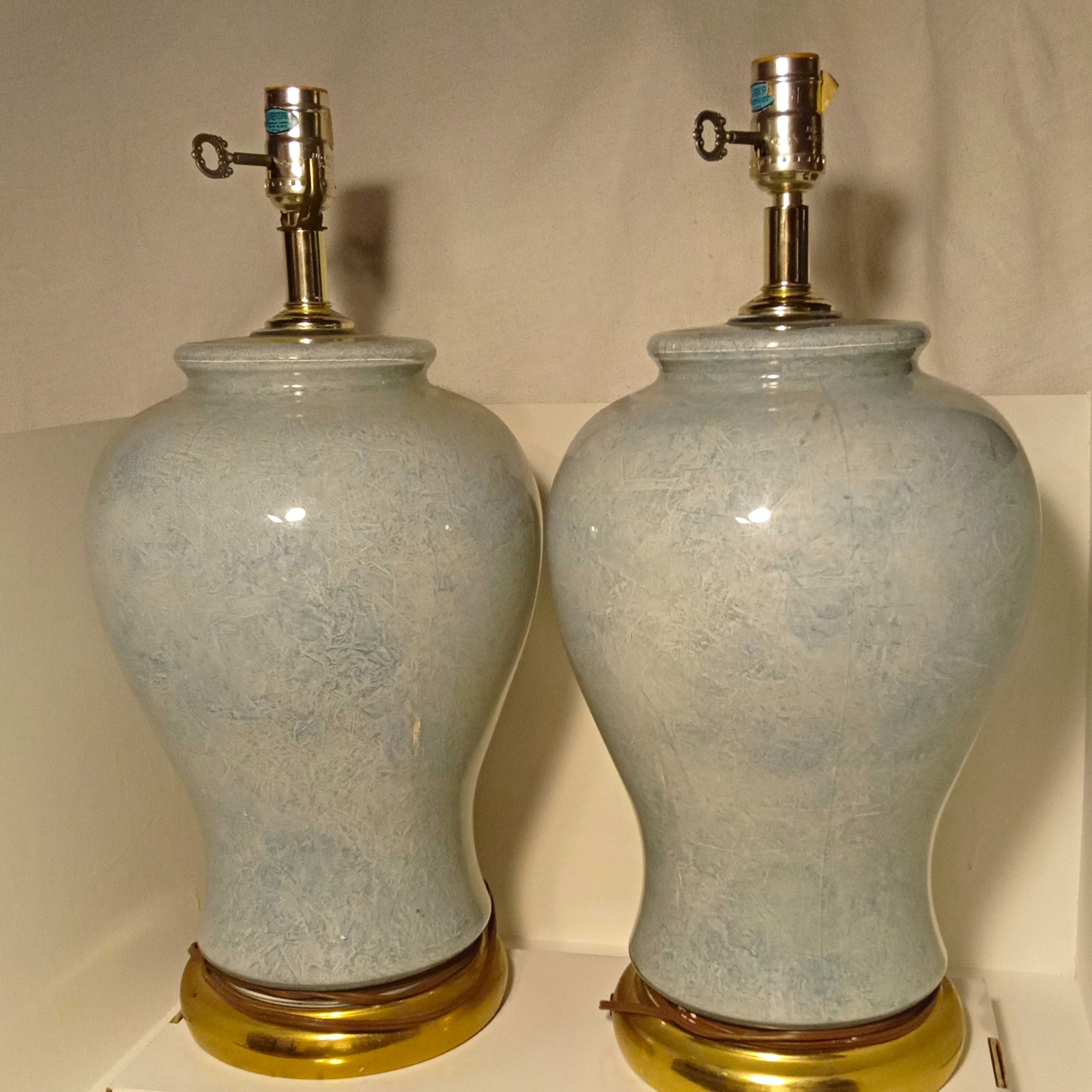 1970s Pair Of Porcelain Selandon Teal Ceramic Table Lamps