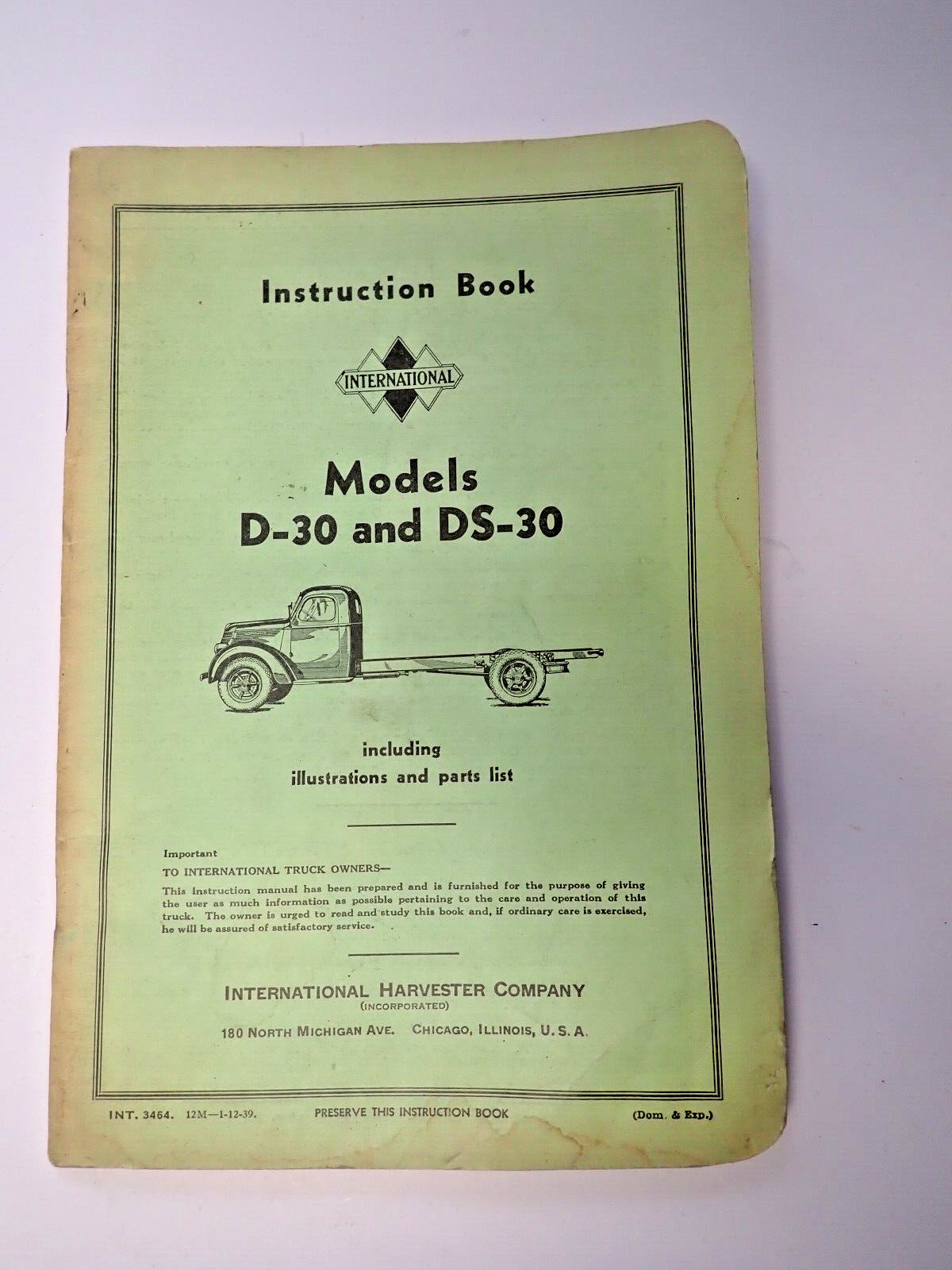Original 1939 International D-30 DS-30 Truck Instruction Book / Manual