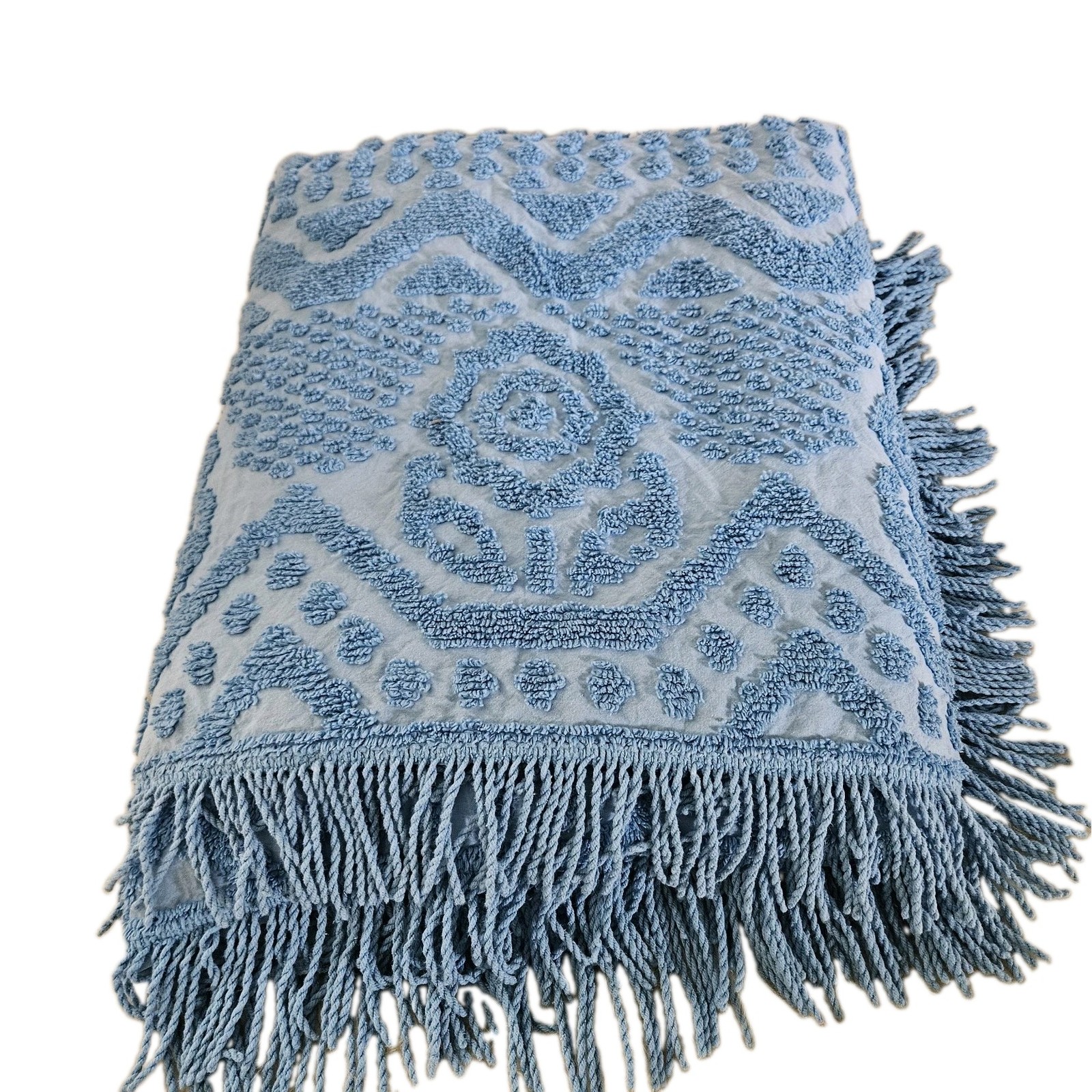 VTG Bates Chenille Bedspread Blue Tufted Cotton Medallion Scroll Fringe USA 105
