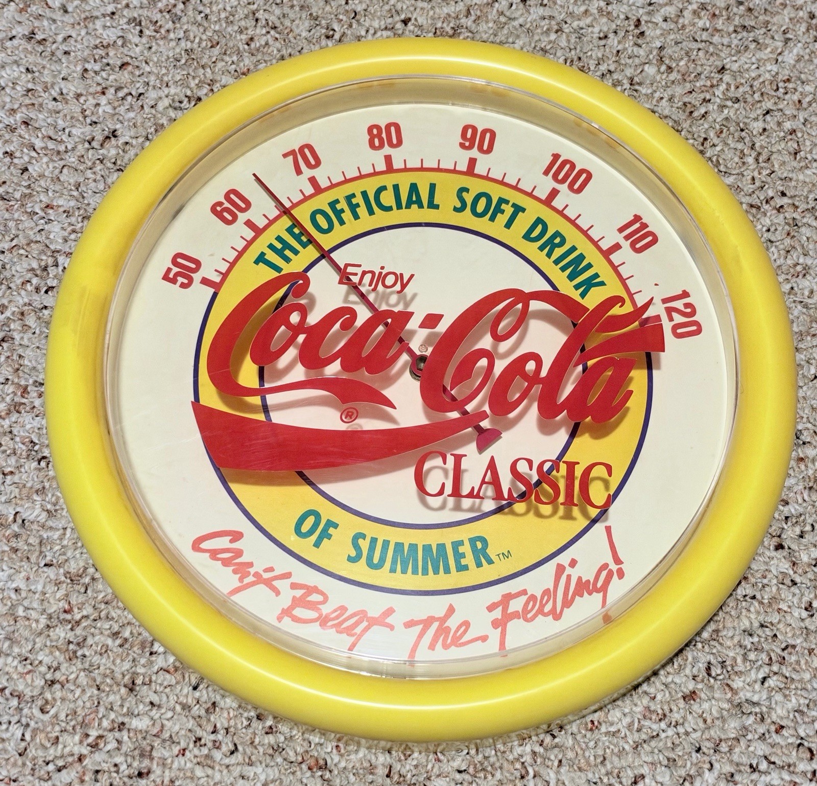 Vintage 1980s Coca Cola ‘Can’t Beat The Feeling’ Plastic Round Wall Thermometer