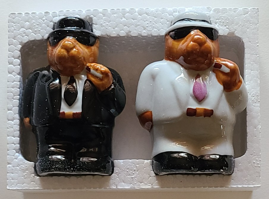 VINTAGE 1993 JOE CAMEL/BLUES BROTHERS BLACK & WHITE GLAZED-CERAMIC SALT & PEPPER