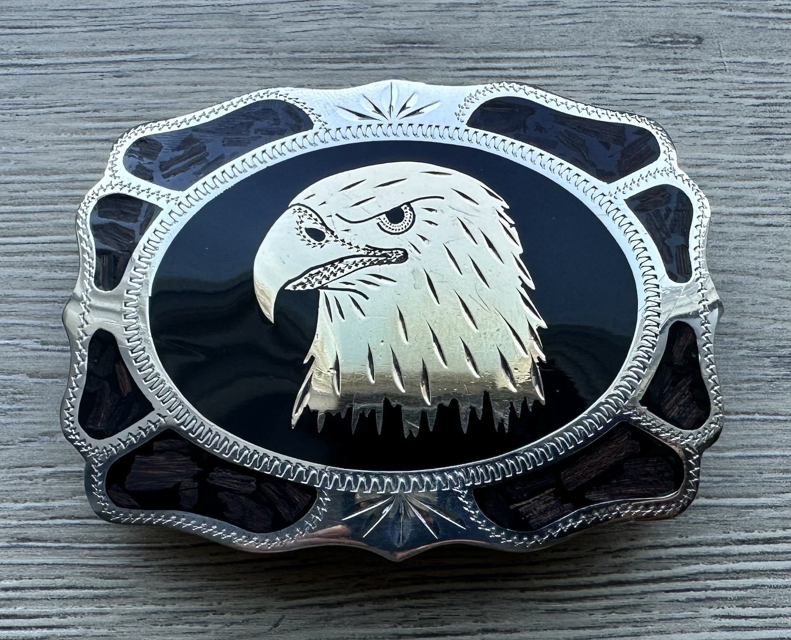 vintage western belt buckle featuring a handcrafted bald eagle head