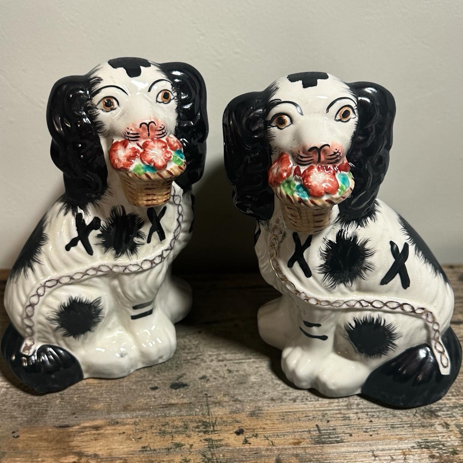 Vintage Staffordshire Style Spaniel Dog Figurines Pair Painted Flower Baskets