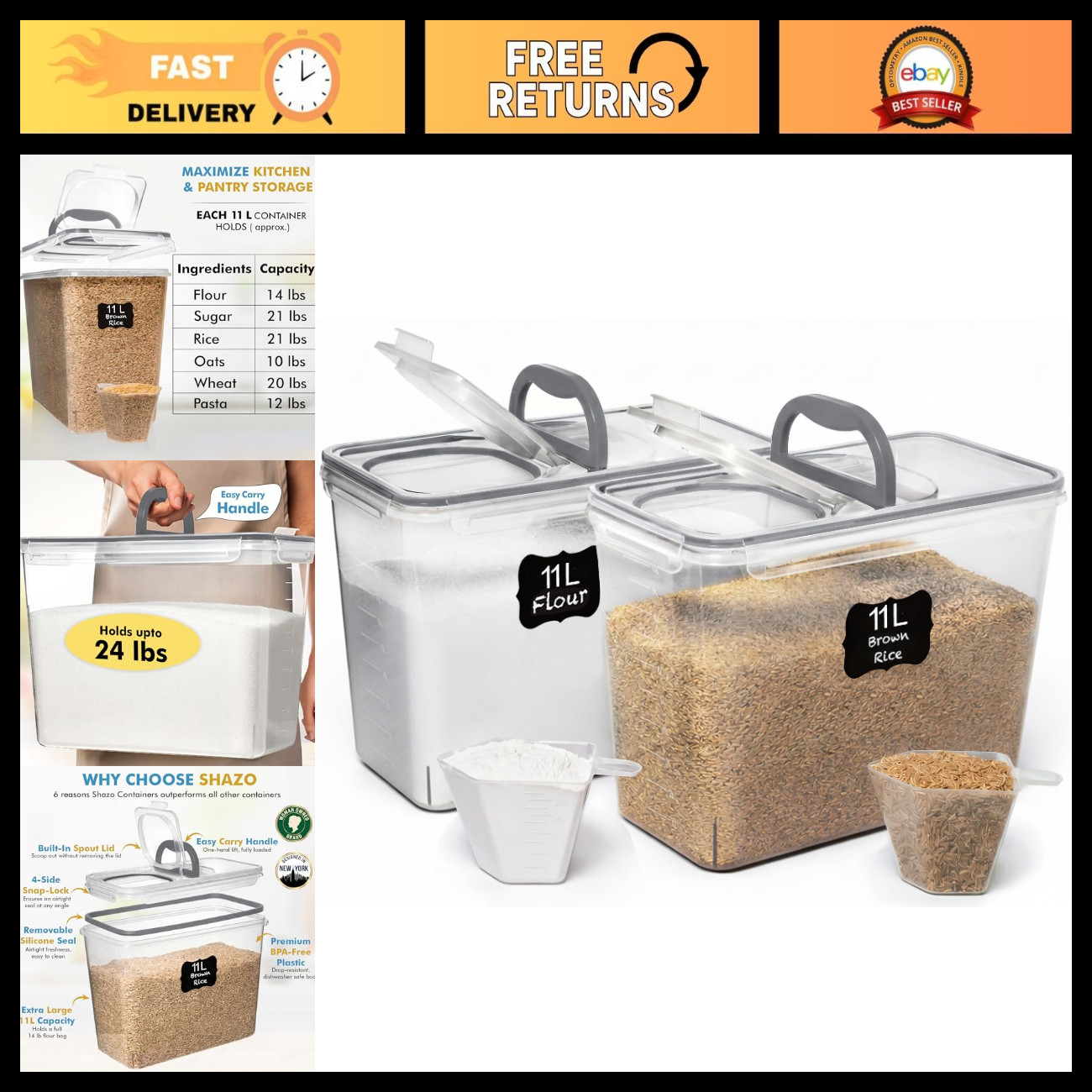 Shazo 2 PC (11L | 372 oz) Flour Sugar Storage Containers with Spout Lid & Easy C