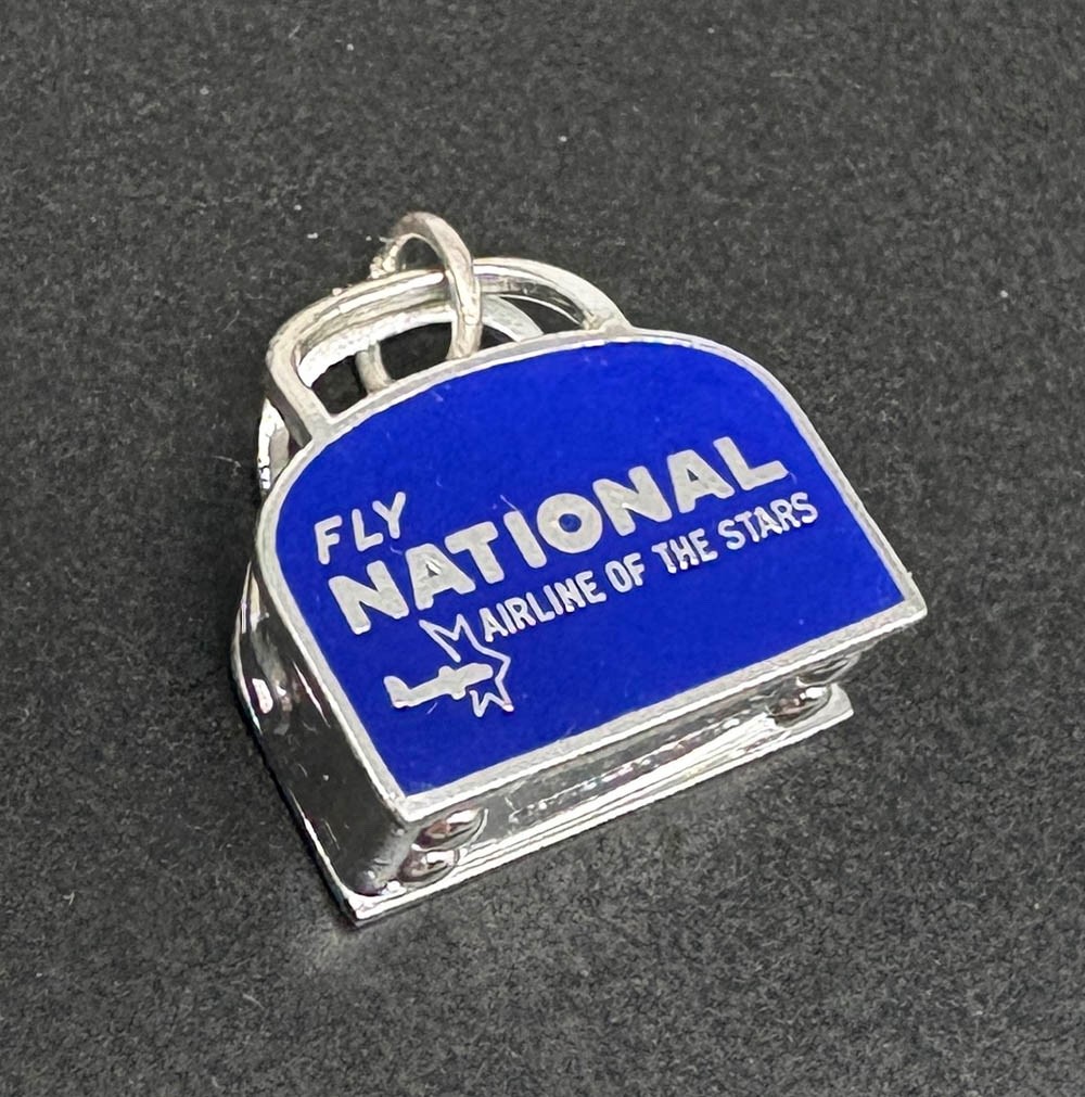 HTF Vtg 1960s FLY NATIONAL AIRLINES Sterling Enamel SUITCASE/FLIGHT BAG Charm