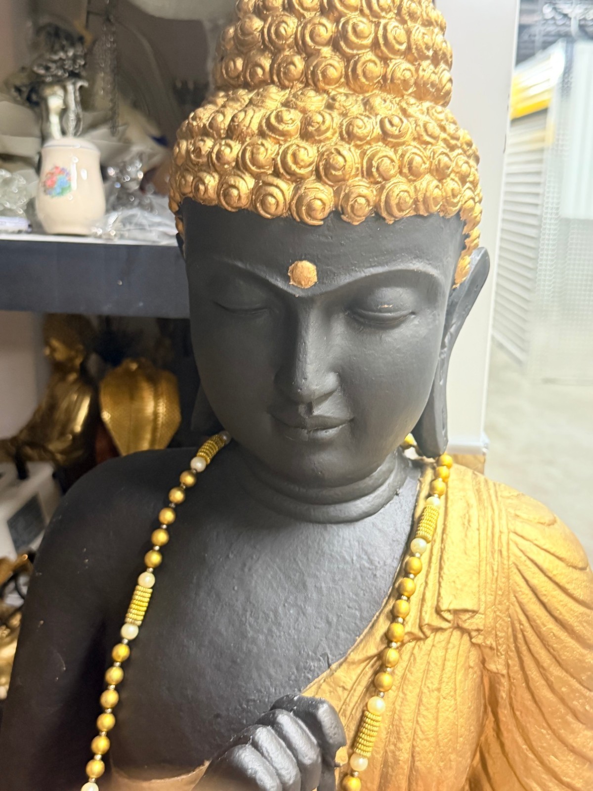 Large 5 Ft Standing Buddha Statue Black Gold Floor Sculpture Beaded Necklace