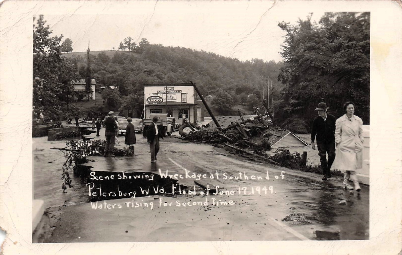 RPPC Petersburg WV 1949 Flood Disaster Amoco Gas Station Cars Photo Postcard G30