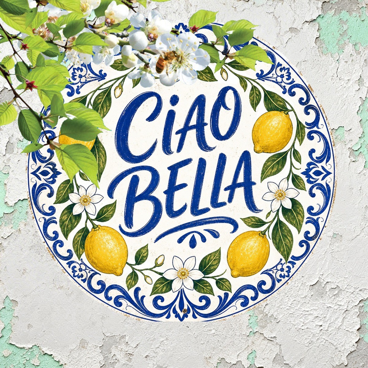 Ciao Bella Italian Greeting Retro Round Metal Sign Cafe Wall Plaque