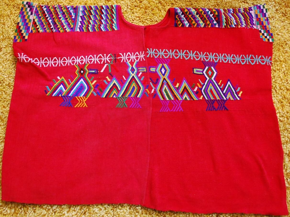 SUPERB Vtg Guatemalan HUIPIL NEBAJ HAND WOVEN BLOUSE Hand Embroidered RED/BIRDS