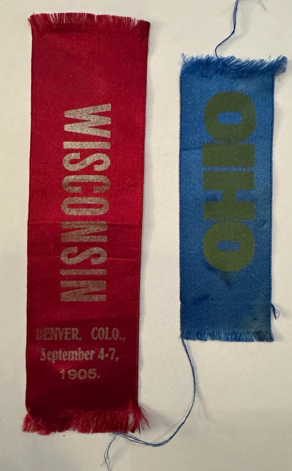 Vintage 1905 GAR Denver Encampment Ribbon Wisconsin & Antique Blue Ohio Ribbon