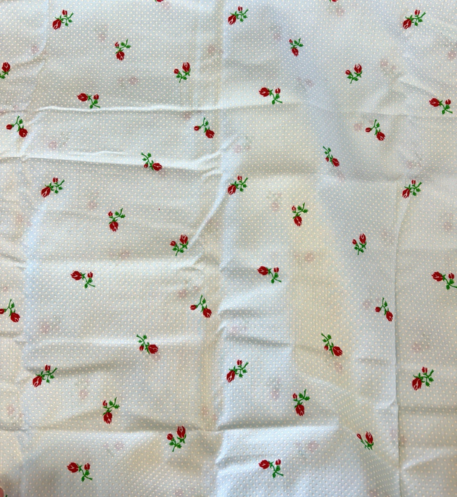 NOS Swiss Dot Flocked Fabric Pale Blue w/White Swiss Dot & Red Roses 3 Yards