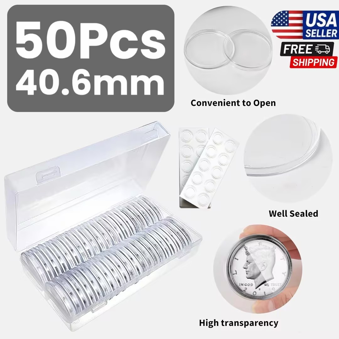 50PCS 40.6MM Clear Round Coin Capsules Plastic Coin Holders &White Gaskets & Box