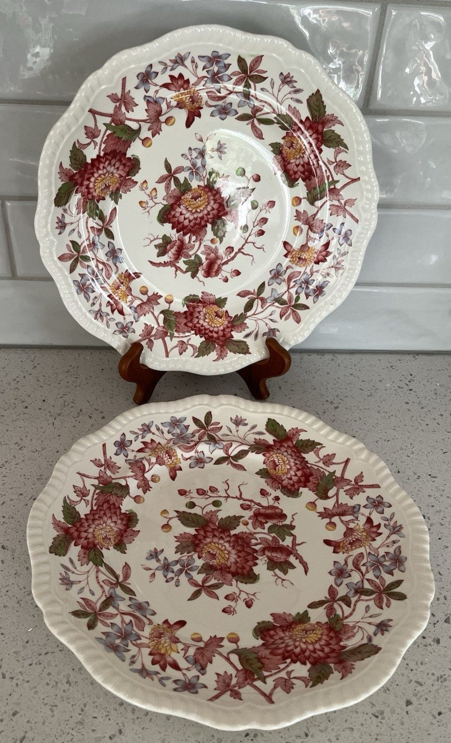 Vtg Set of 2 Copeland Spode Aster Red Dinner Plate 10.5 In Gadroon Edge England