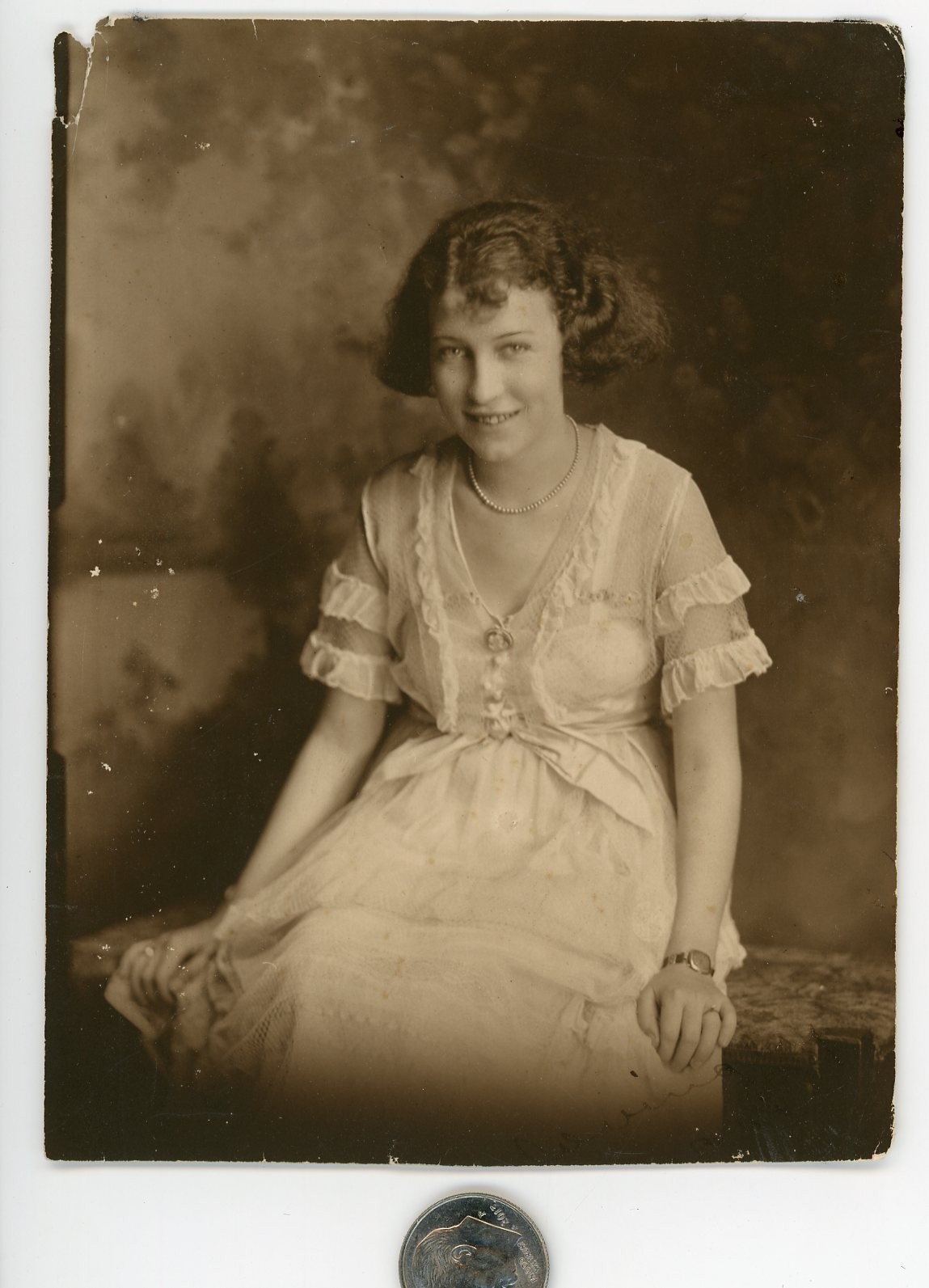Vintage 1910's Sepia photo / Young Woman in White Chiffon & Lace with Wristwatch