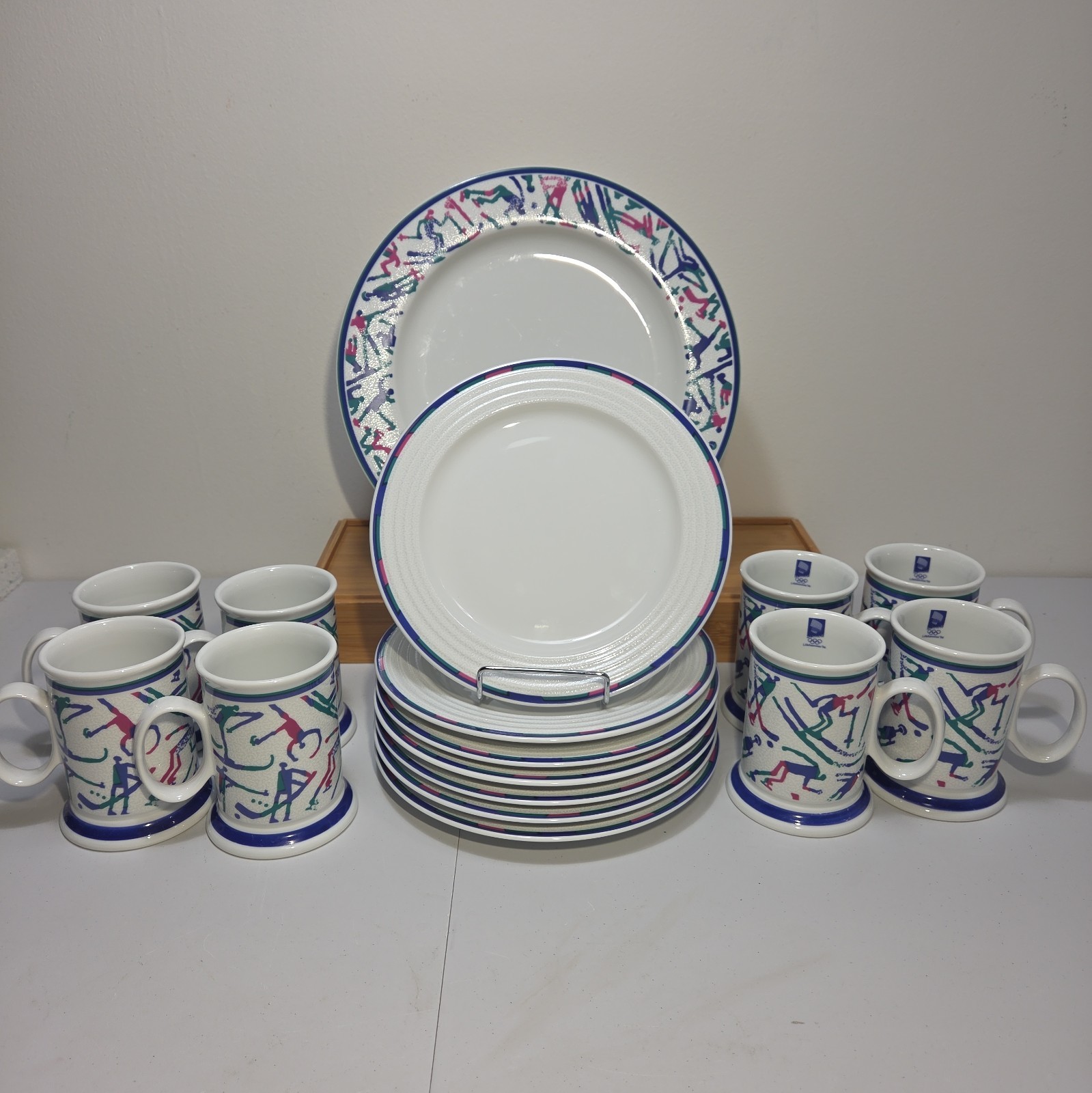 Vintage 1994 Lillehammer Olympics 16 Pc Plate Mug  Dessert Set Porsgrund Norway 