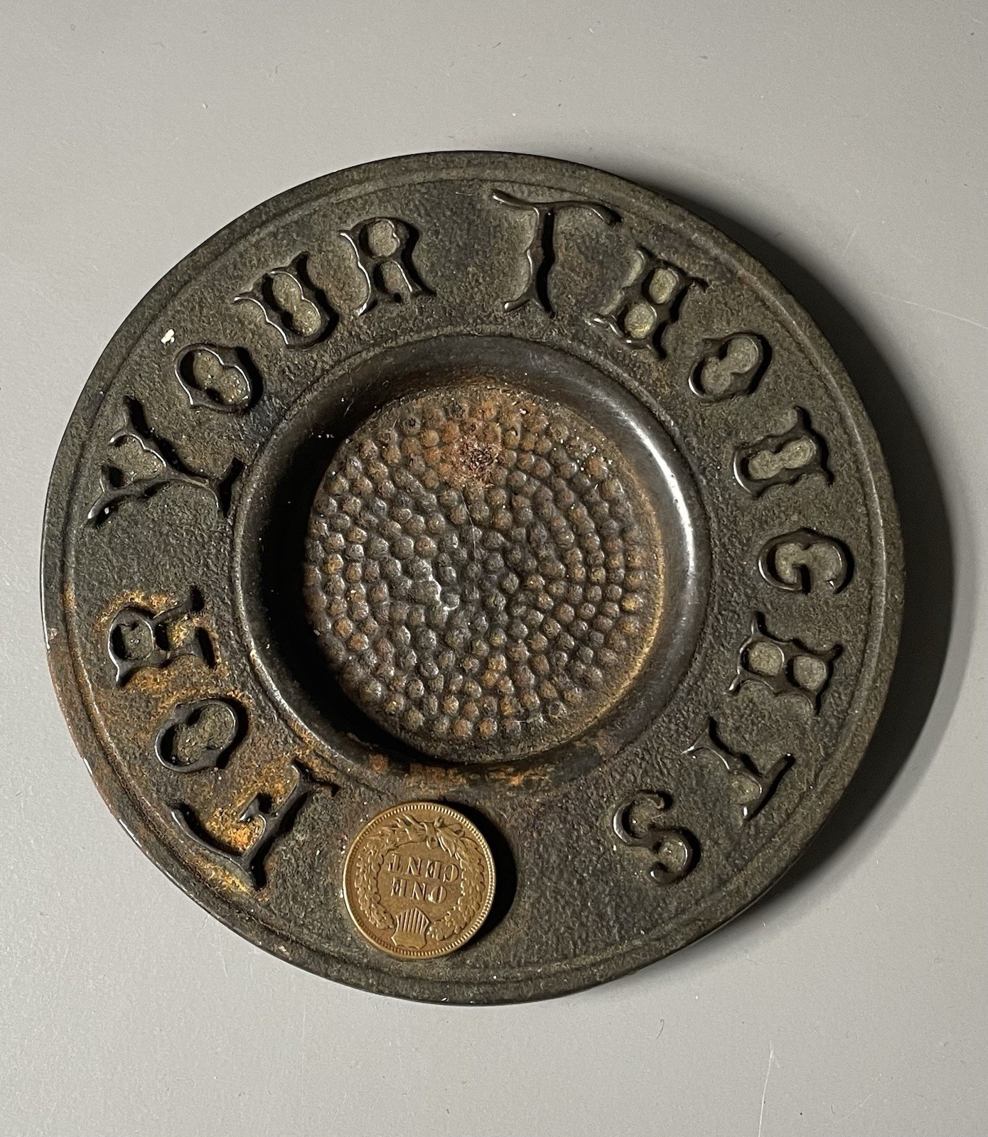 Antique Penny for your Thoughts Change Tray Tip Cast Iron Trinket Dish