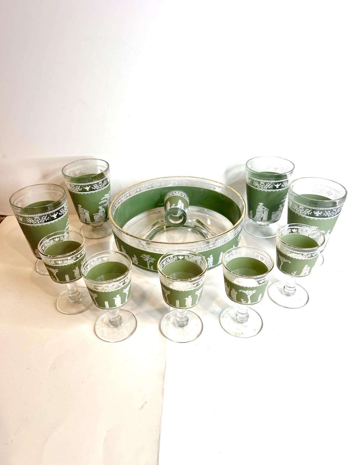 Vintage Green White Neo-Classical Jasperware Style Glass Punch Bowl Goblet Set