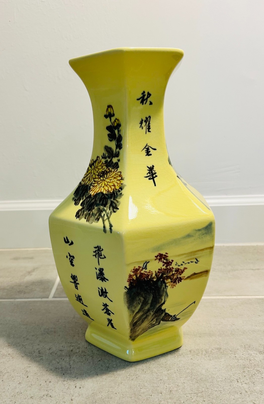 VTG Antique CHINESE hand painted vase landscapes and calligraphy 14+