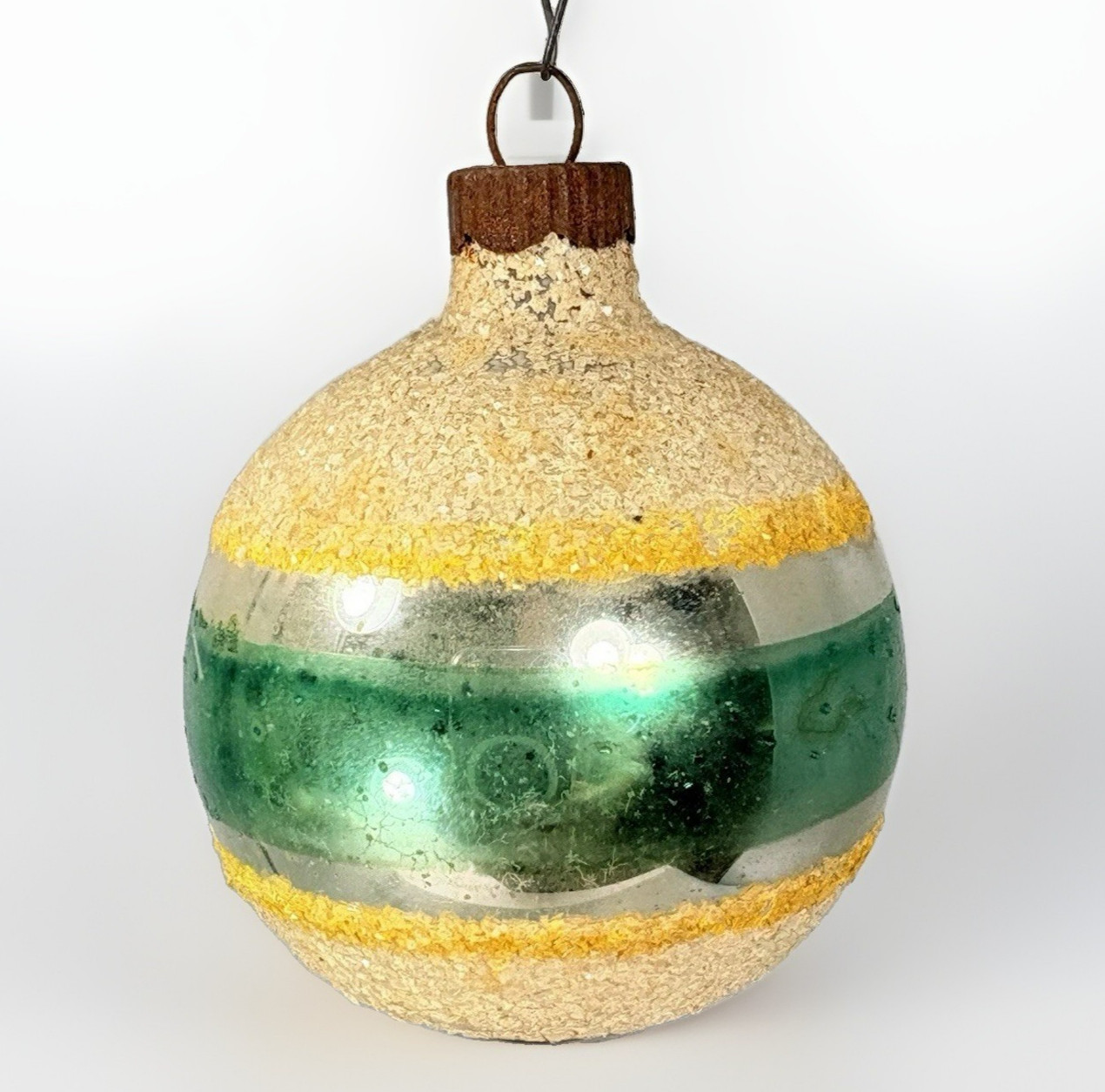 Vintage Shiny Brite Green Yellow Stripe Mica Glass Christmas Ornament 2.25