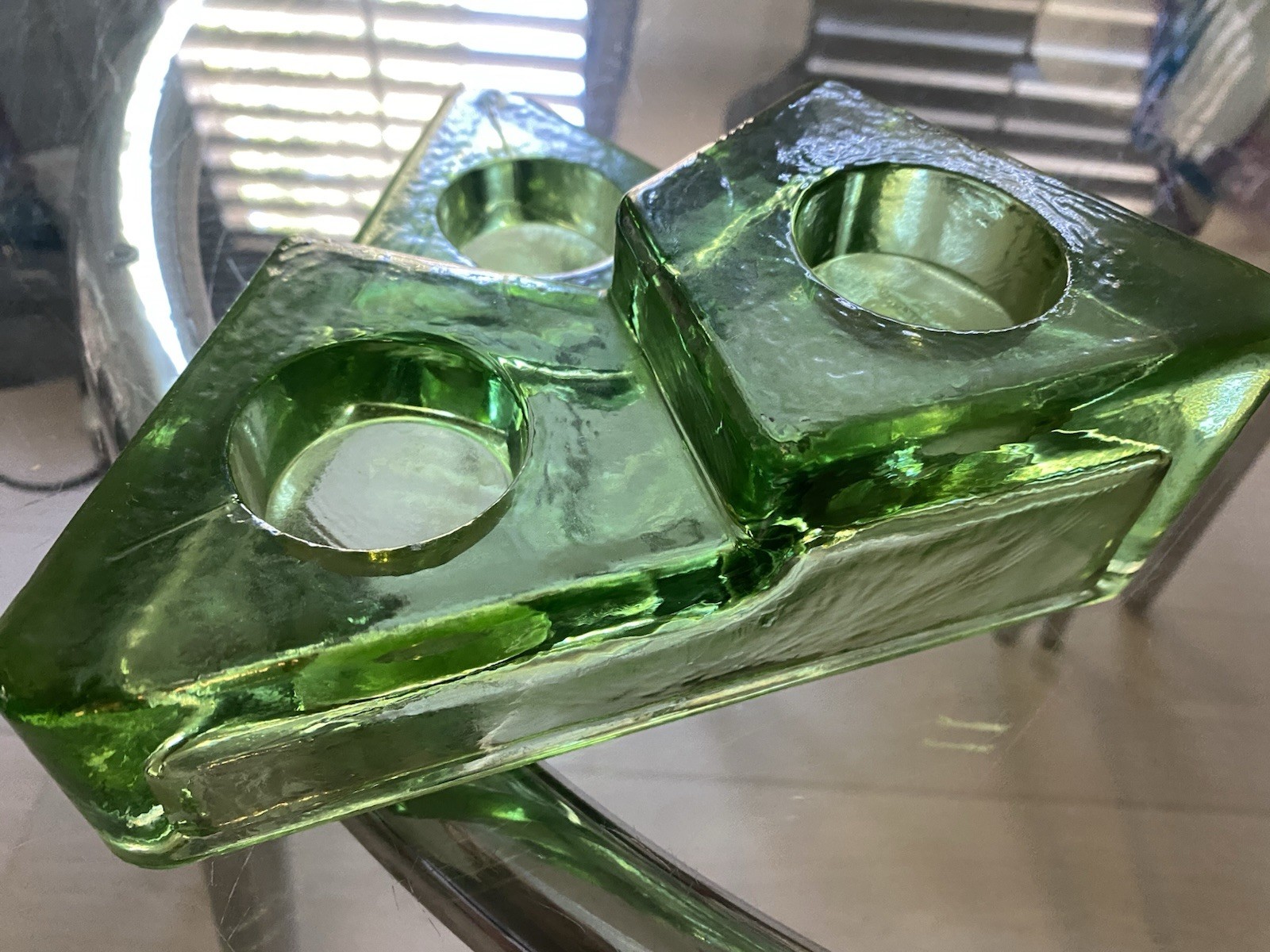 Vtg MCM Poured Glass Votive 3 Tier Green Triangle Votive Candle Holder Stand 8\
