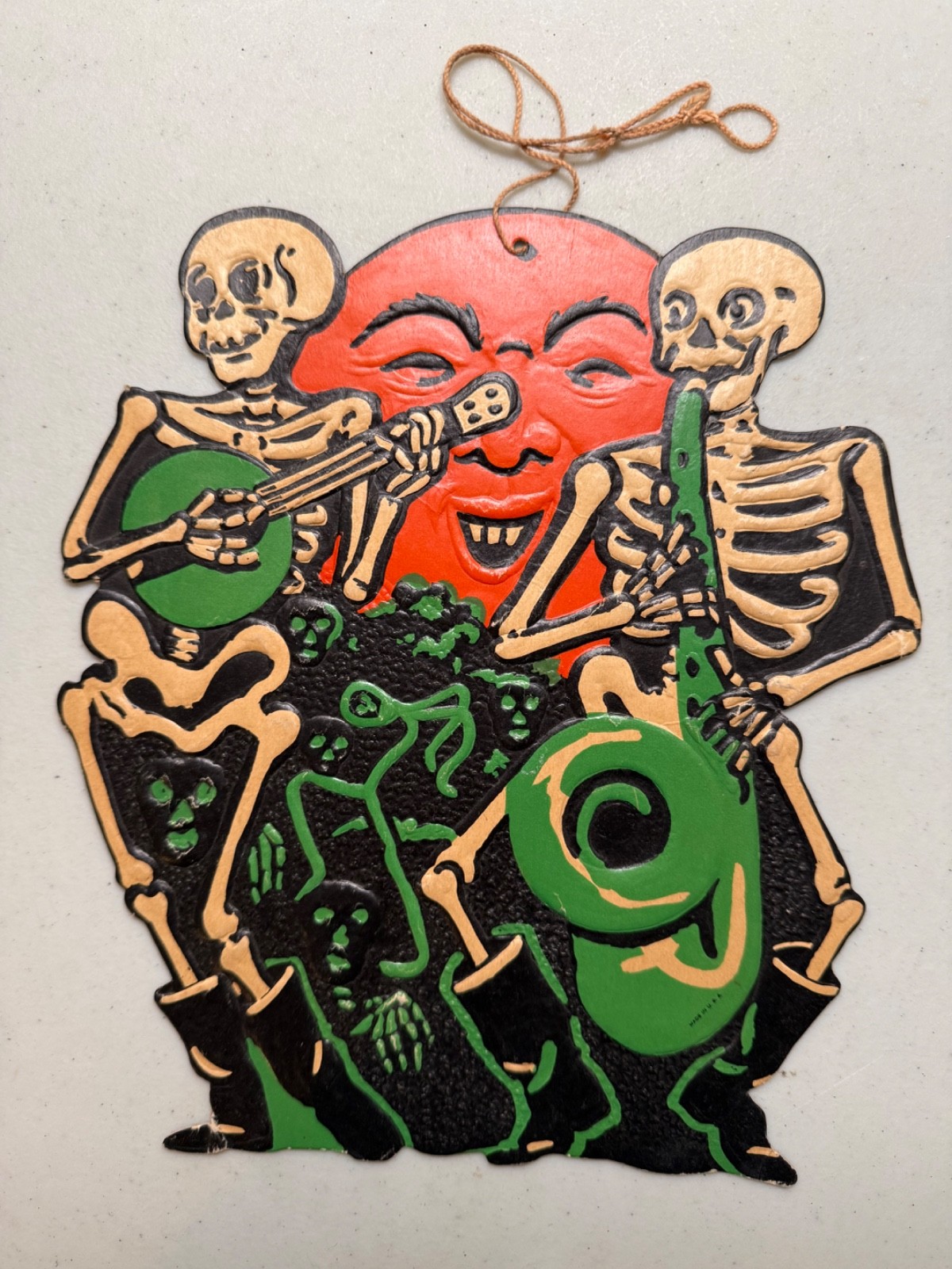 Rare Beistle Die-Cut Halloween Skeleton Band, 1933, Embossed, Color, Excellent Rare Beistle Die-Cut Halloween Skeleton Band, 1933, Embossed, Color, Excellent