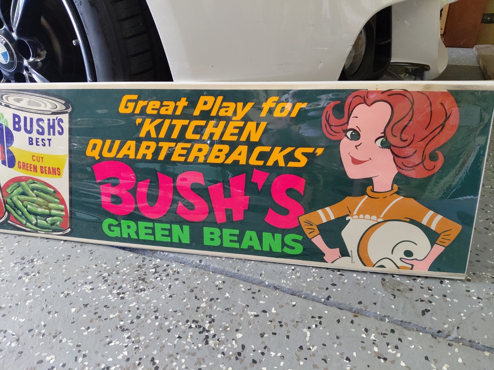 c.1960s Original Vintage Bush's Green Beans Sign NFL Mom Quarterback Kitchen 