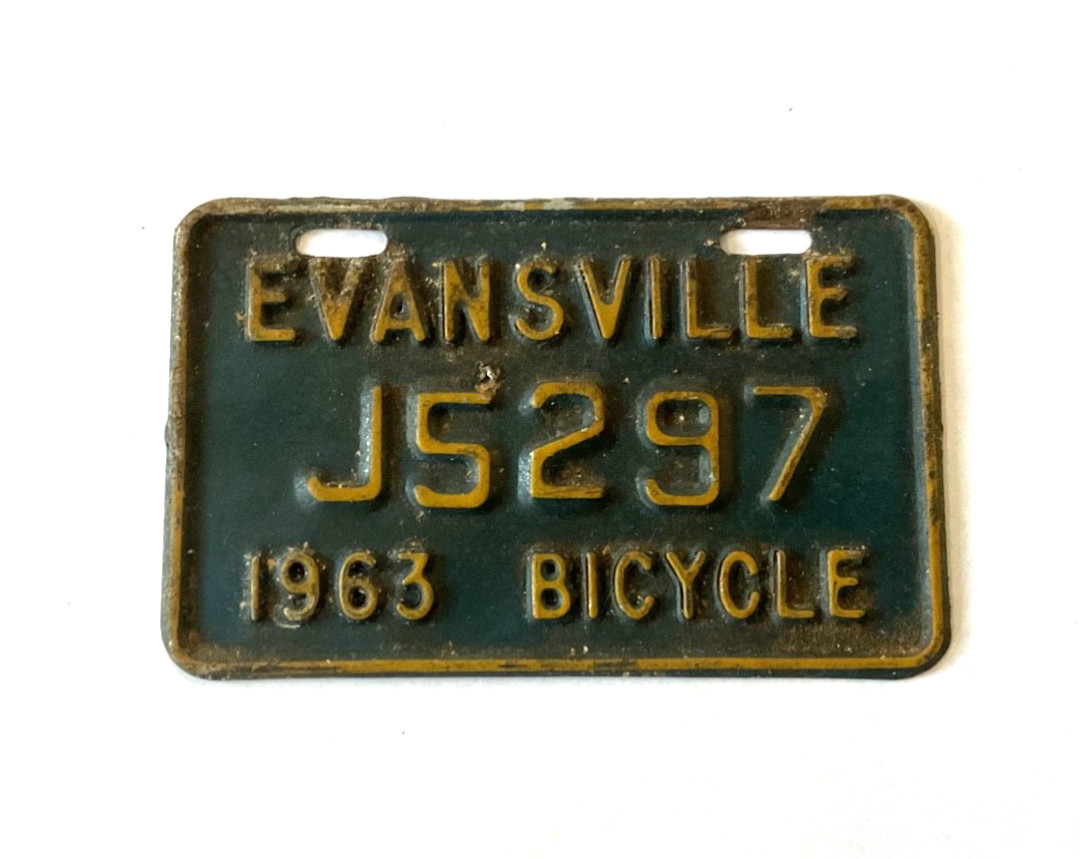 RARE 1963 EVANSVILLE INDIANA BICYCLE LICENSE PLATE ORIGINAL PAINT HARD TO FIND