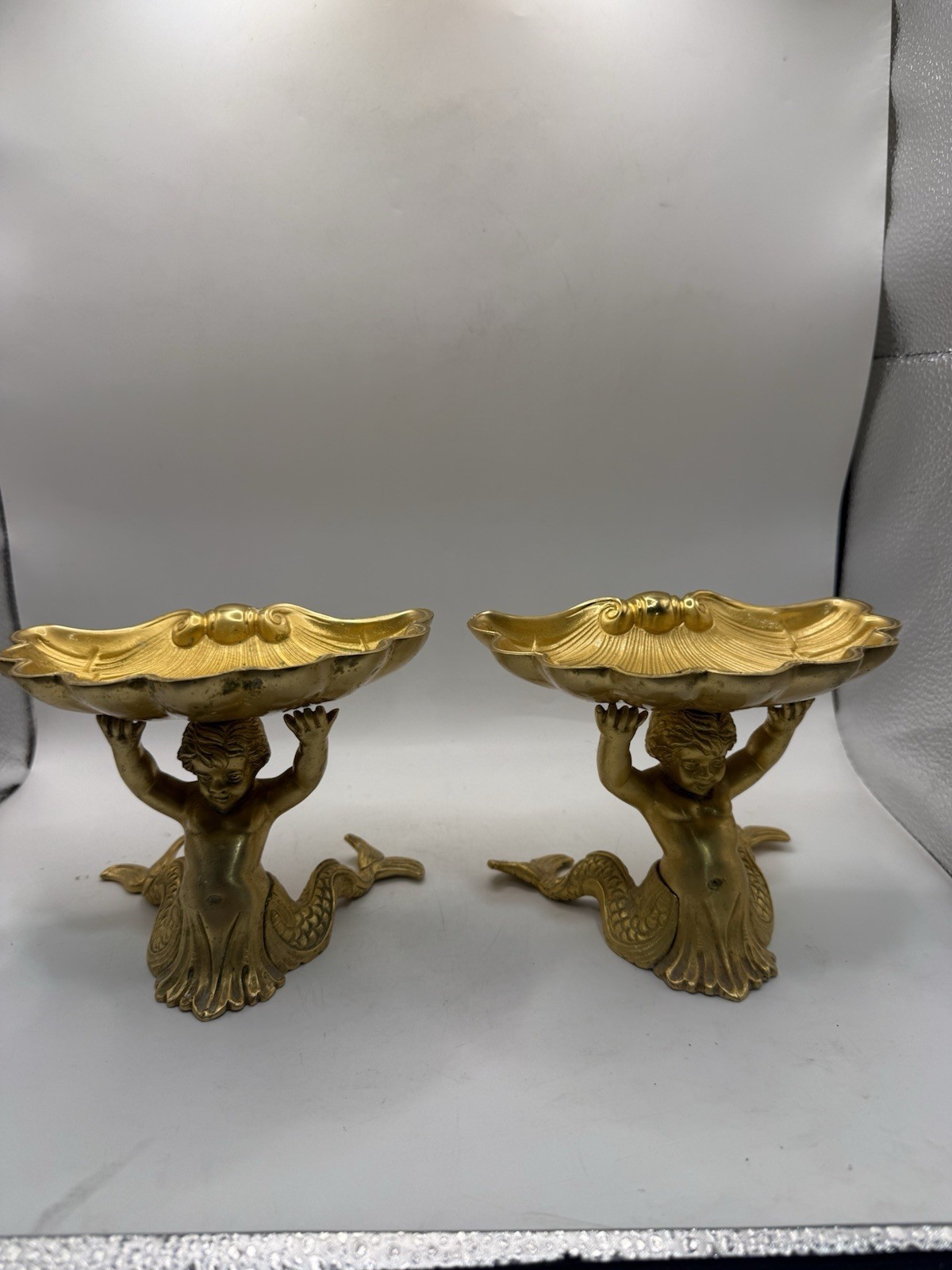 Vintage Pair Solid Brass Mermaid Figural Shell Compote Tazza Dishes 5” *