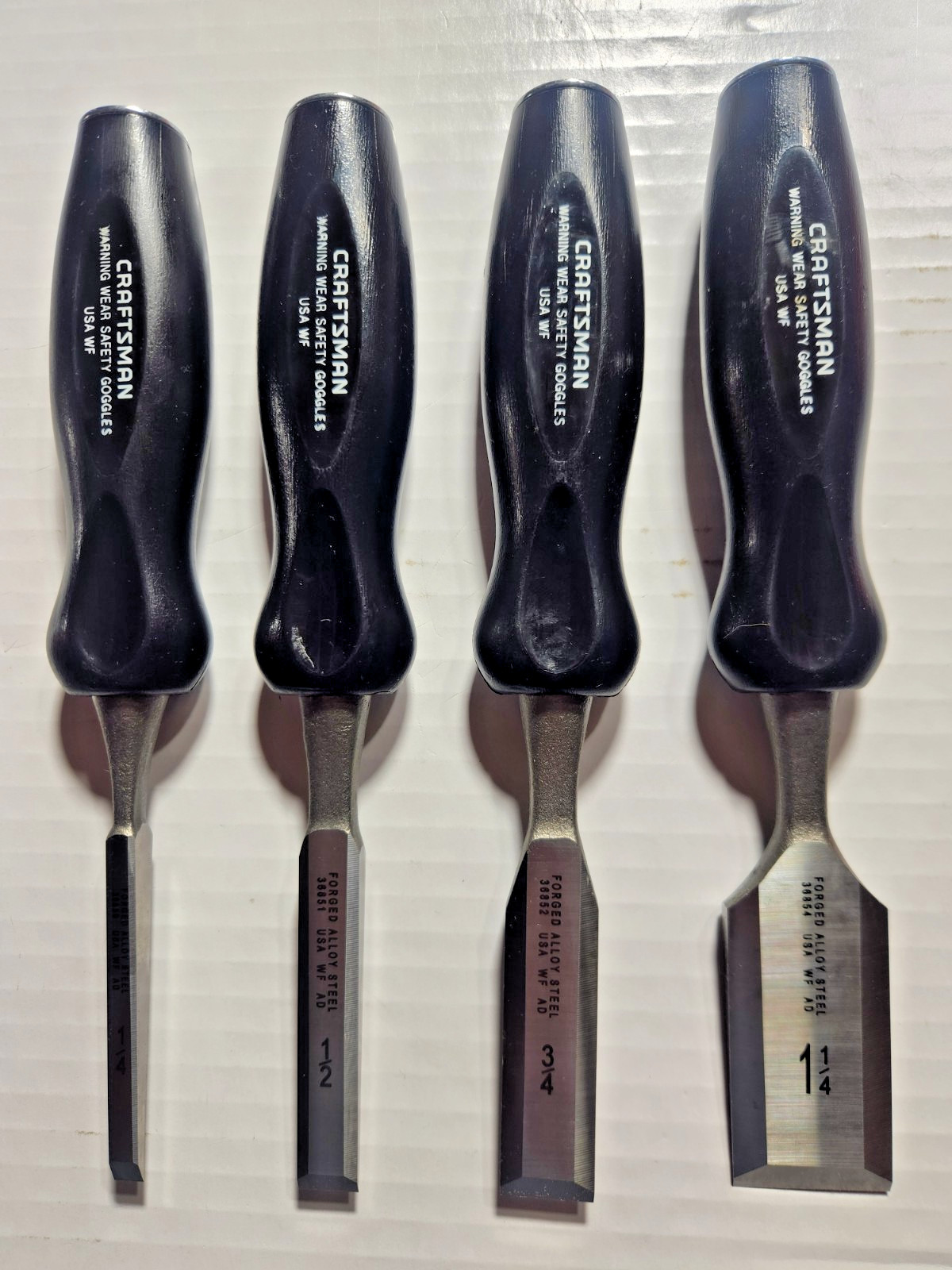 New Old Stock Wood Chisel Set Craftsman USA 4 Piece Forged Alloy Strike Cap Top