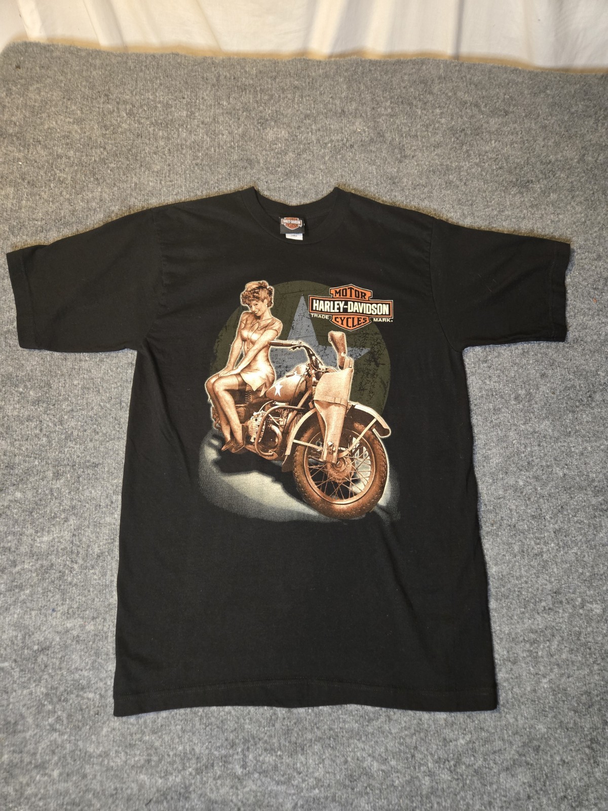 Vintage Harley Davidson Fargo ND Shirt Pinup Girl Stagecoach Graphic Black Tee L