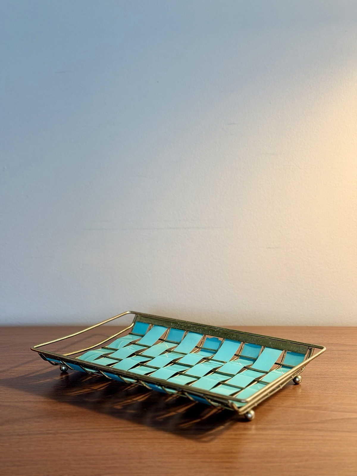 Vintage MCM Turquoise Woven Metal Vanity Tray Gold Tone 1960s 70s Retro