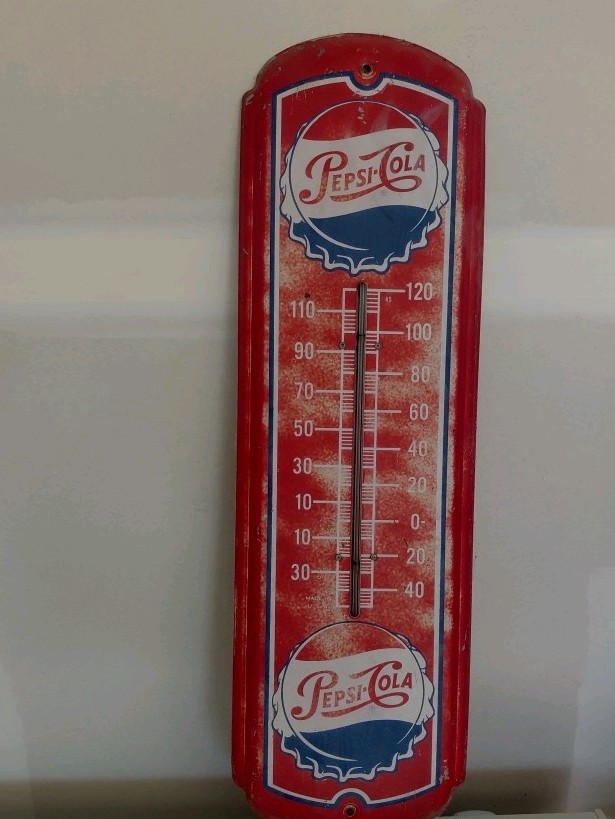 Vtg PEPSI COLA Red Metal Store Advertising Wall Thermometer 27\