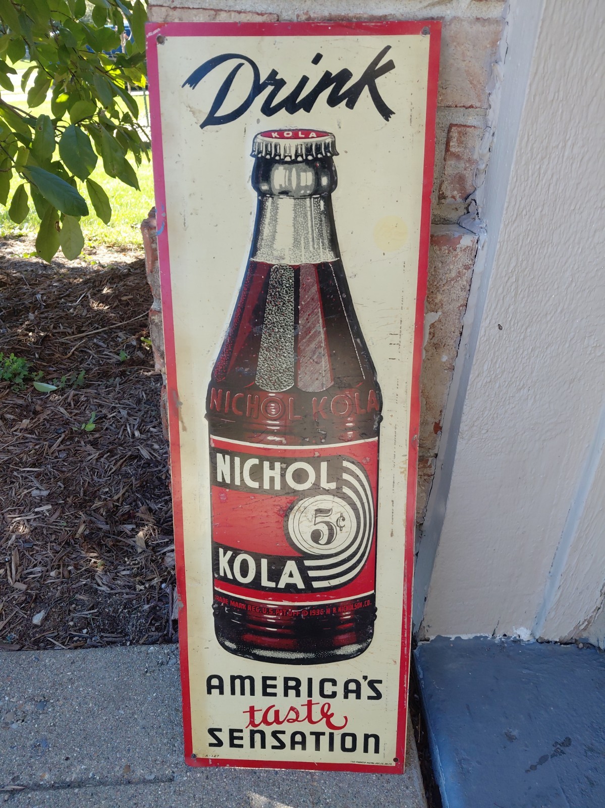 c.1930s Original Vintage Drink Nichol Kola Sign Metal Embossed 5c Nehi Soda Coke