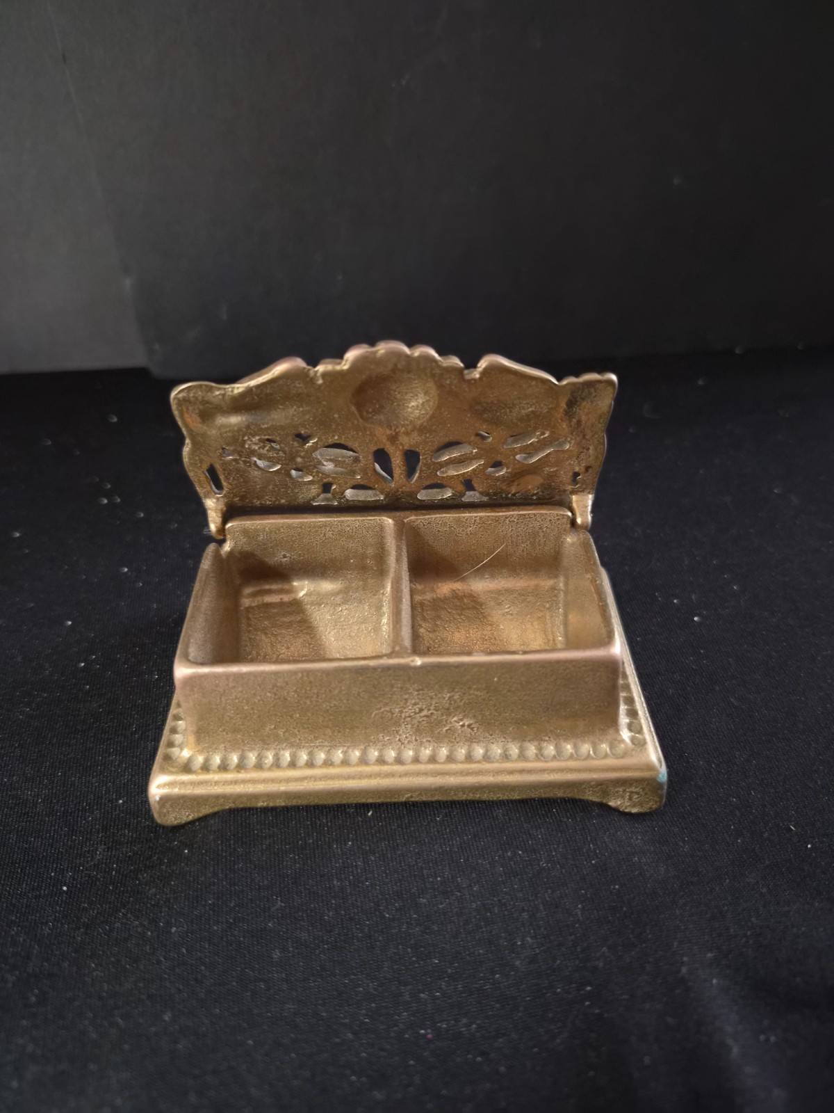 Vintage Art Nouveau-style solid brass postage stamp or desk organizer featuring 