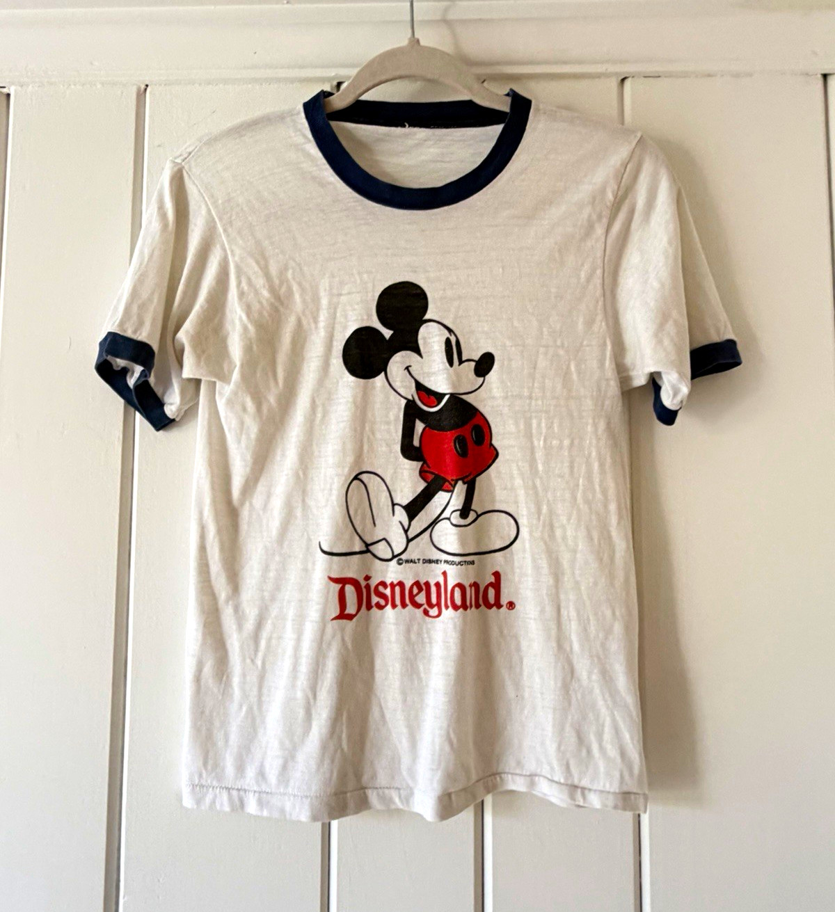 RARE Vintage Disneyland Mickey Mouse Adult White Ringer T-Shirt Navy Red Black